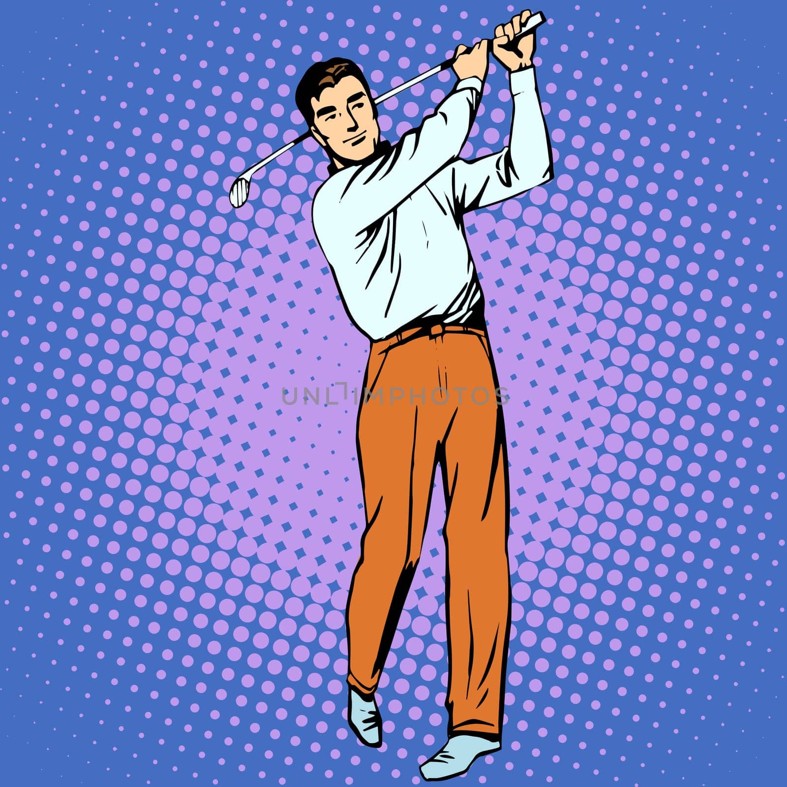 Handsome man playing Golf retro style pop art. Sport active lifestyle