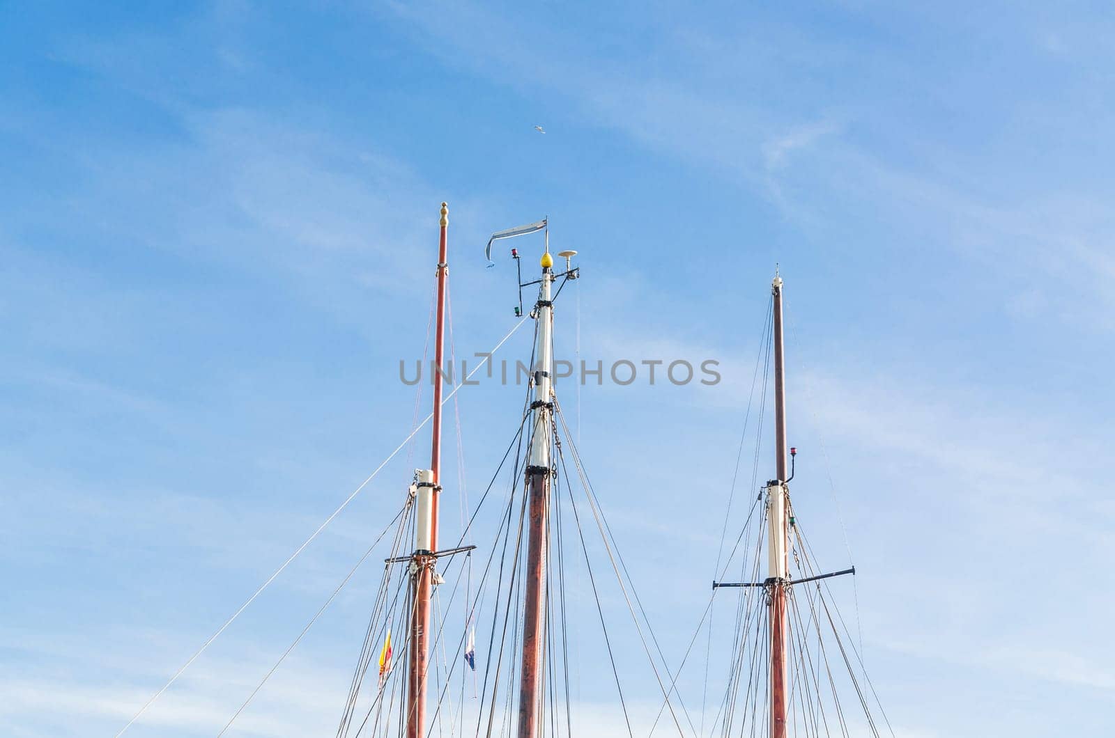 Various ship masts in a marina in Holland,in front of a bright blue sky.