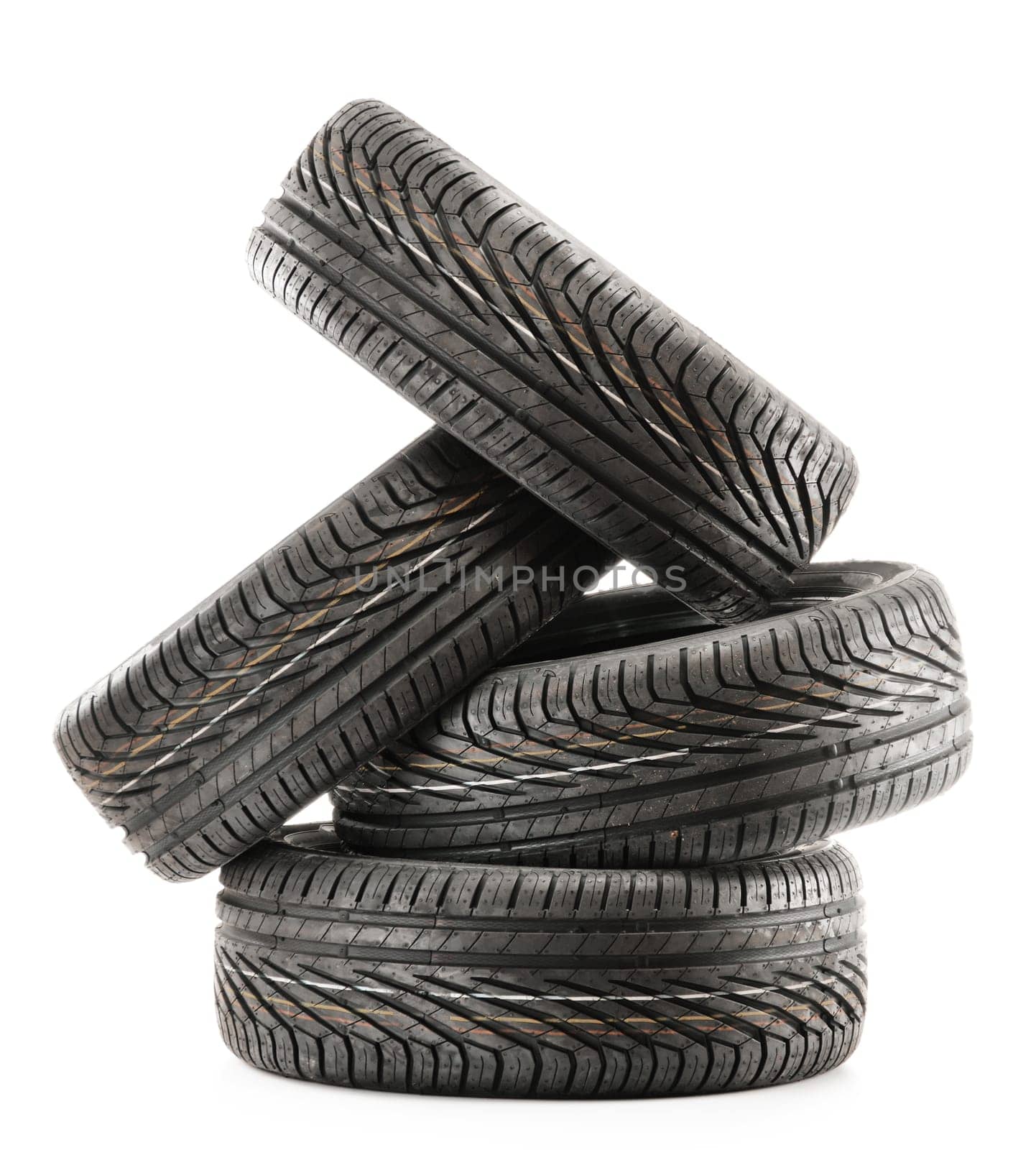 Four new black tires isolated on white background