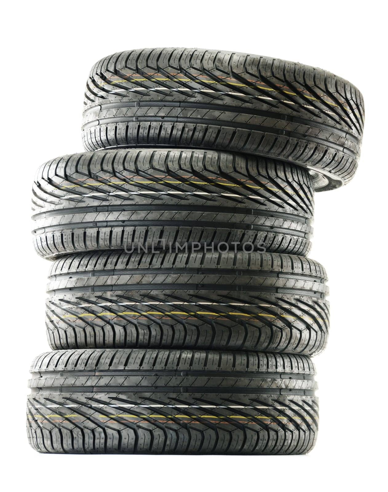 Four new black tires isolated on white background