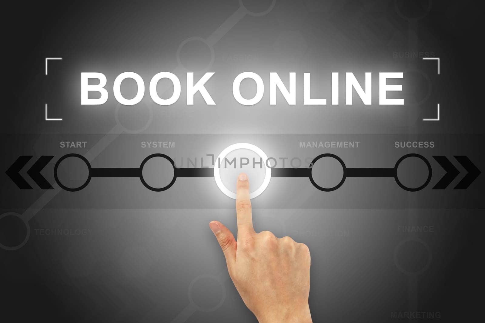 hand clicking book online button on a touch screen