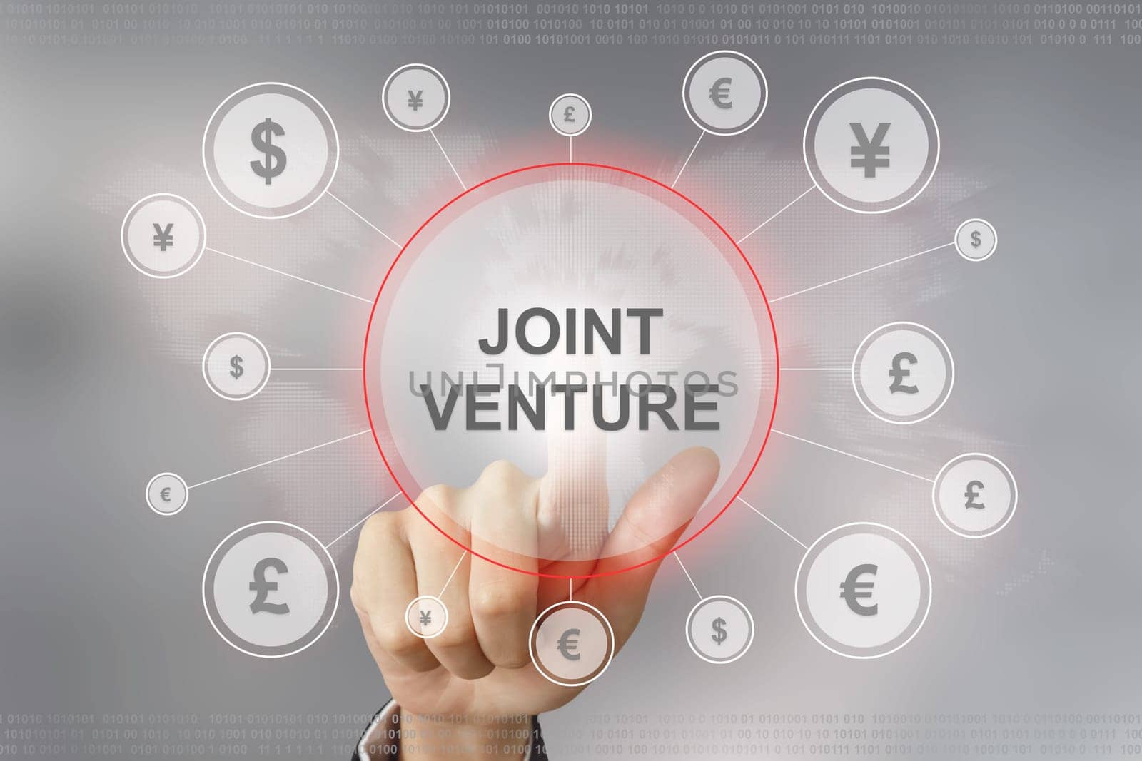 hand pushing joint venture button with global networking concept