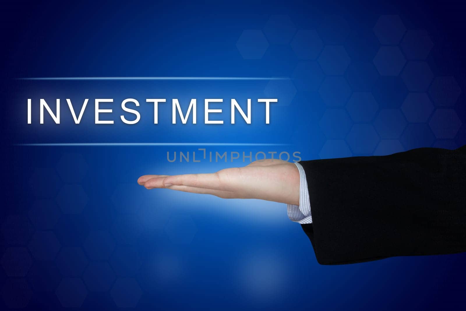 investment button with business hand on blue background