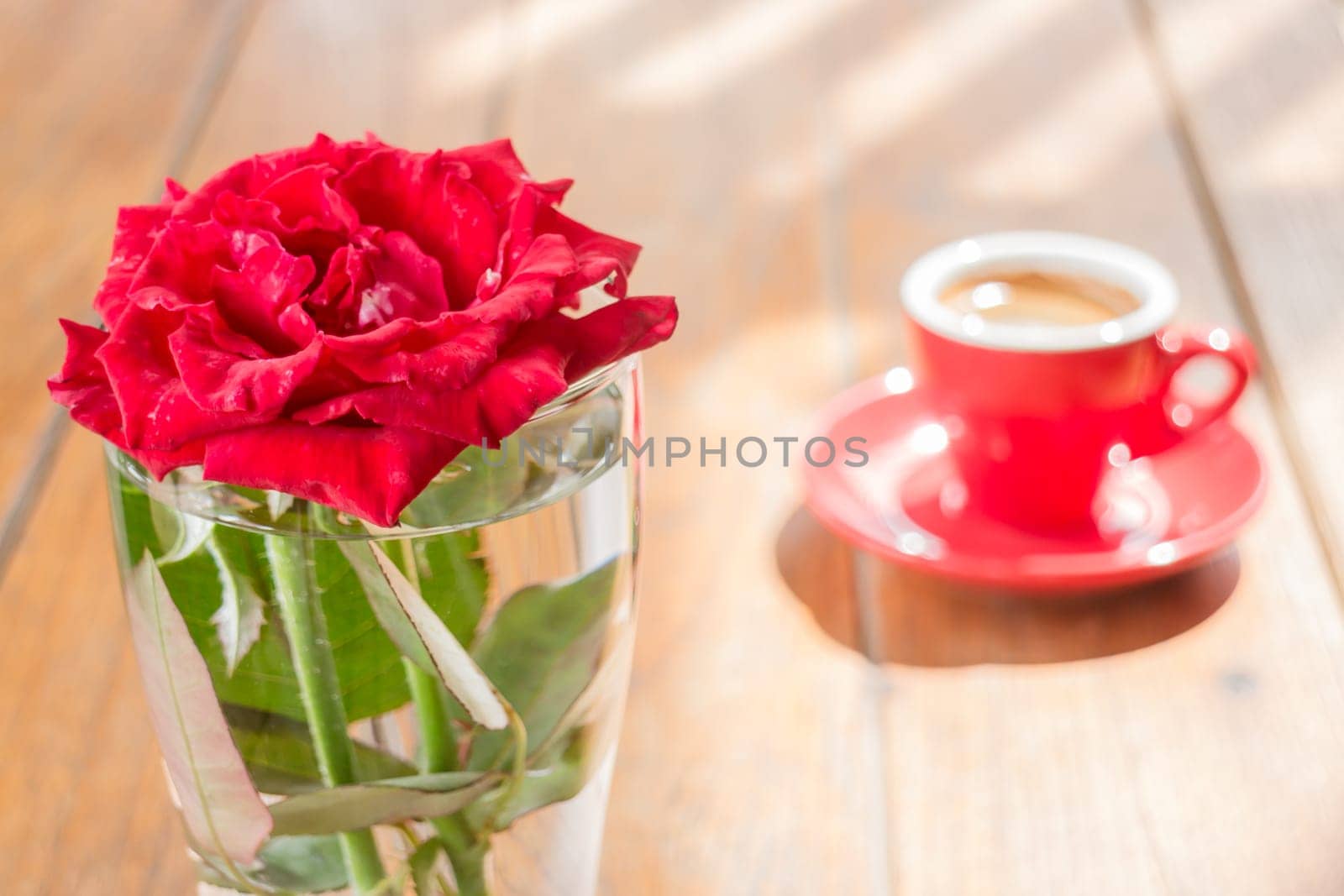 Beautiful table decorated with coffee and red rose, stock photo