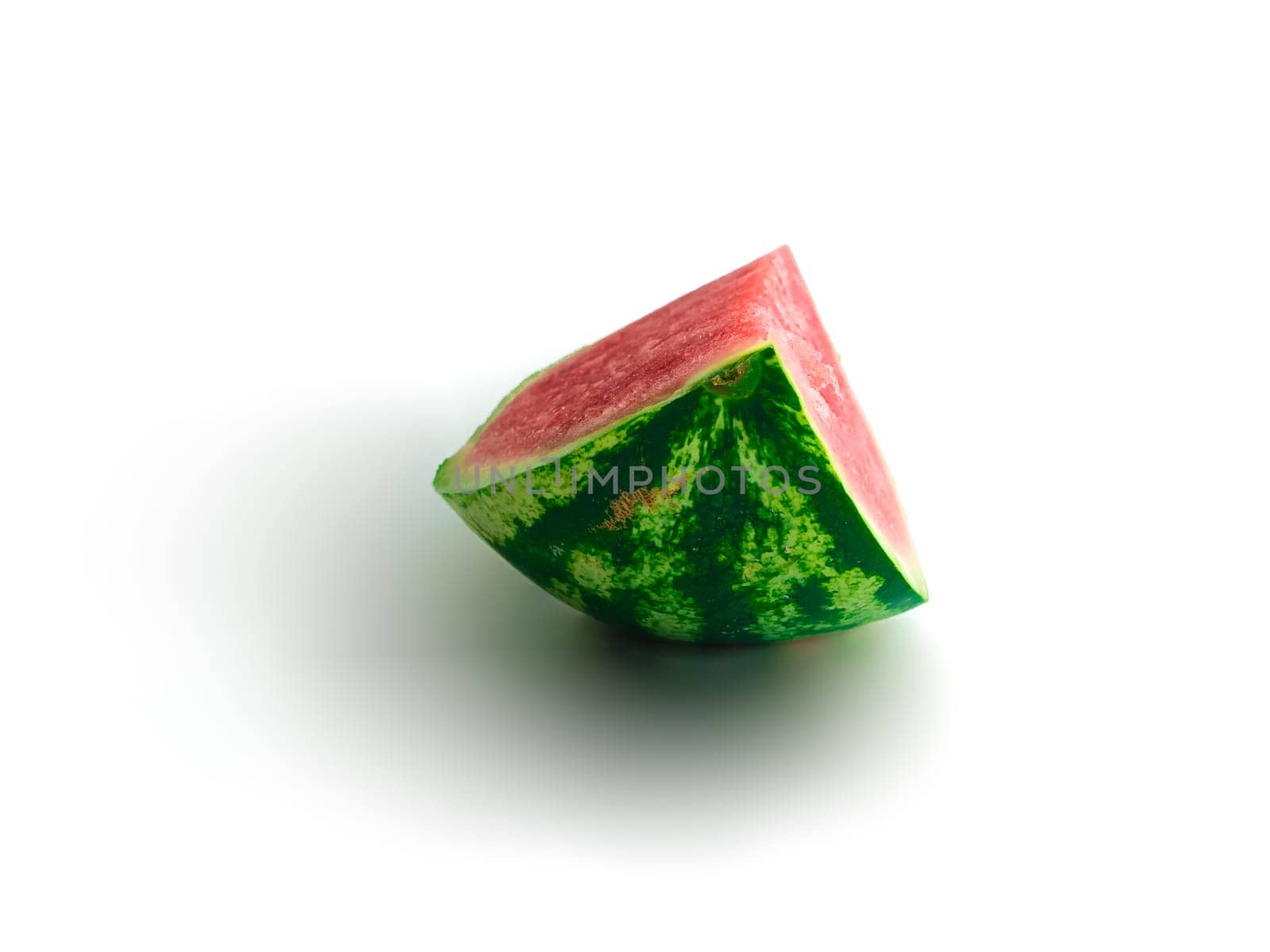Isolated piece of watermelon with most pulp visible on white background, healthy eating, sweet summer refreshment