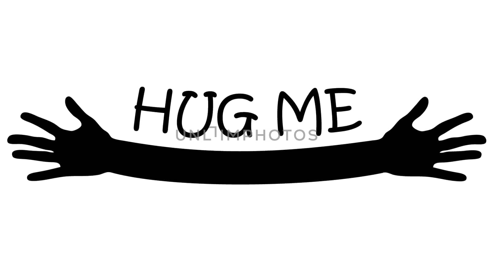 Hug me written above open arms and hands, black and white vector
