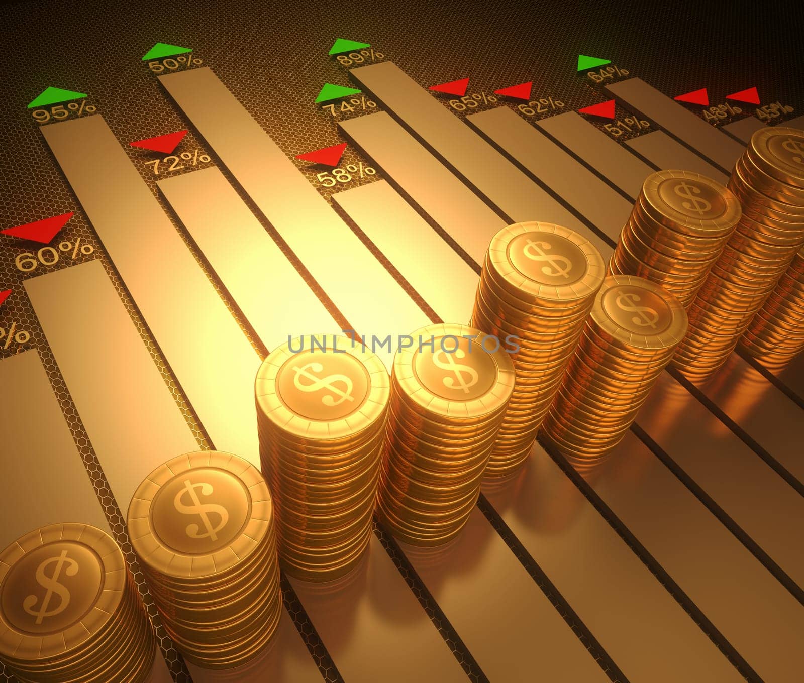 Image concept stylized graphic of the stock market. Clipping path on the coins.
