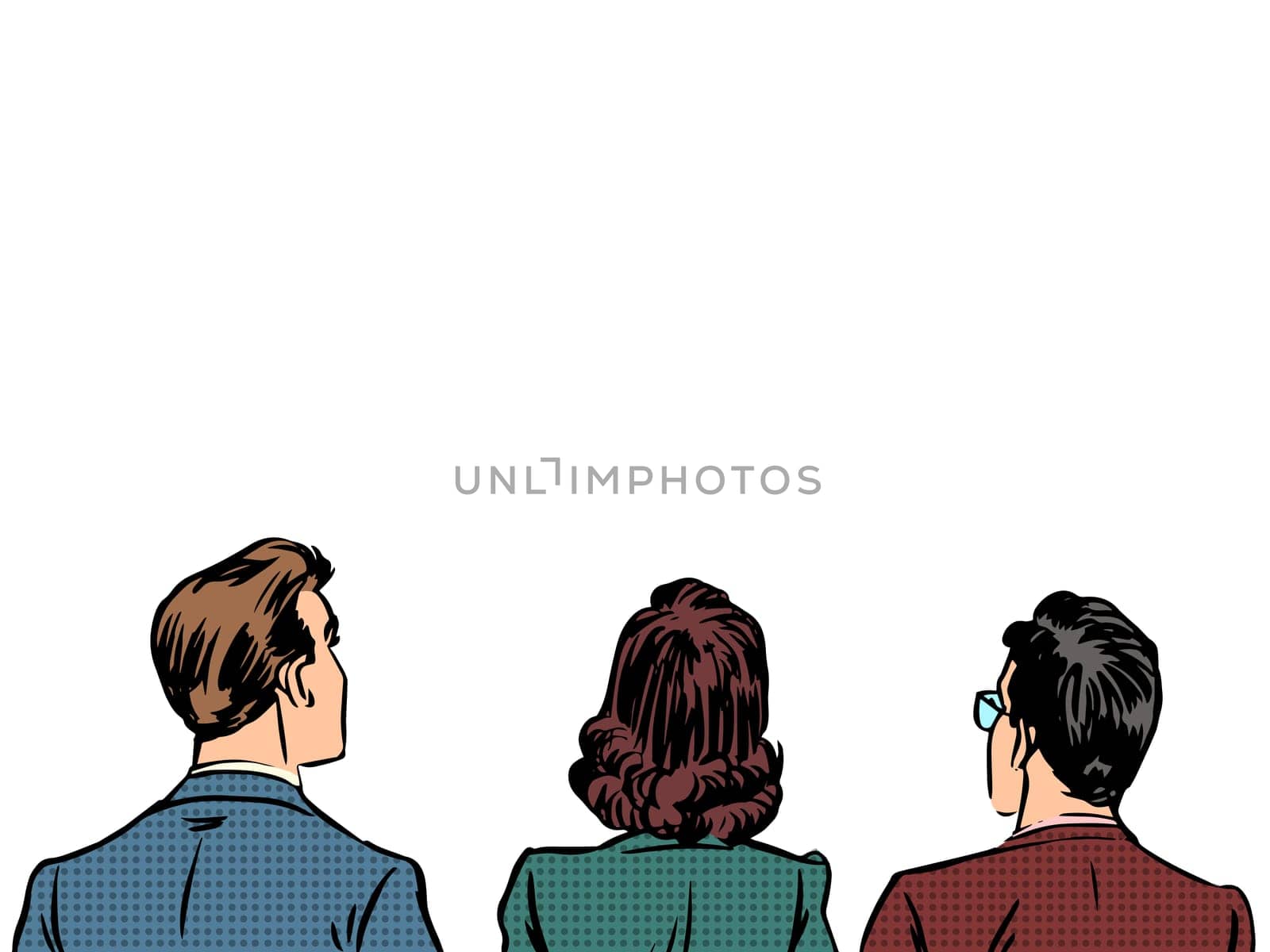 People back visitors viewers listeners. Men and women Caucasians business people. The first row of spectators. Retro style pop art