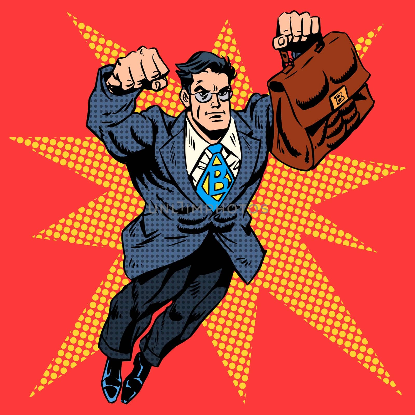 Businessman superhero work flight business concept retro style pop art. A grown man in a business suit. The image of bravery and courage. Retro style pop art
