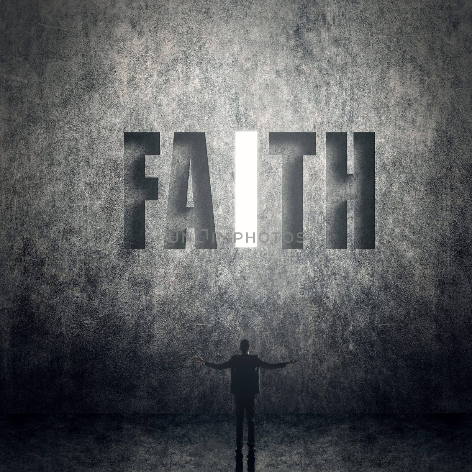Concept of trust, belief, credit etc, man stand on wall with text.