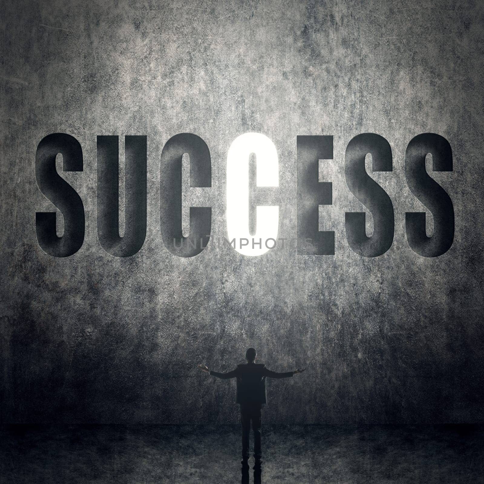 Concept of success, man stand on wall with text.