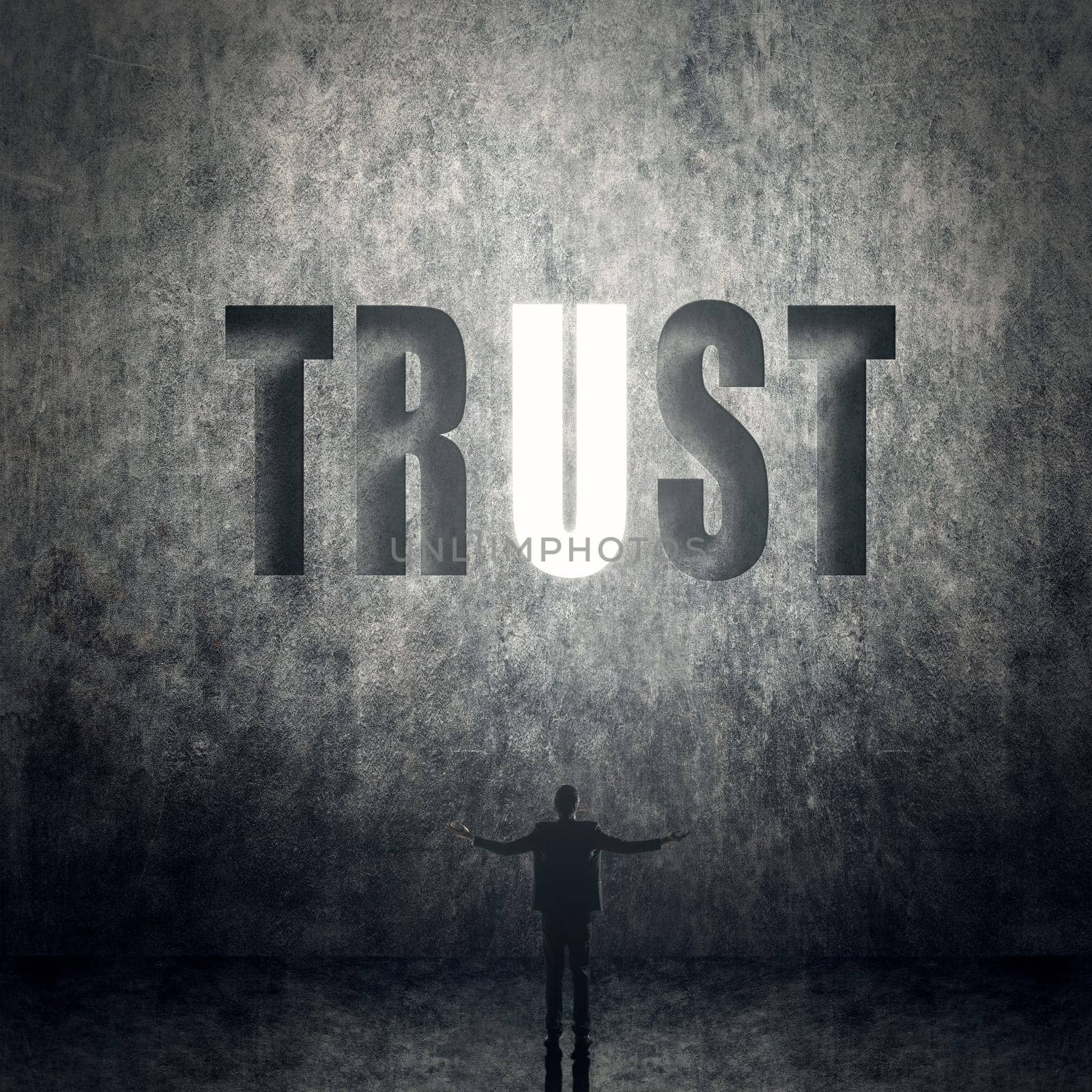 Concept of trust, belief, credit etc, man stand on wall with text.