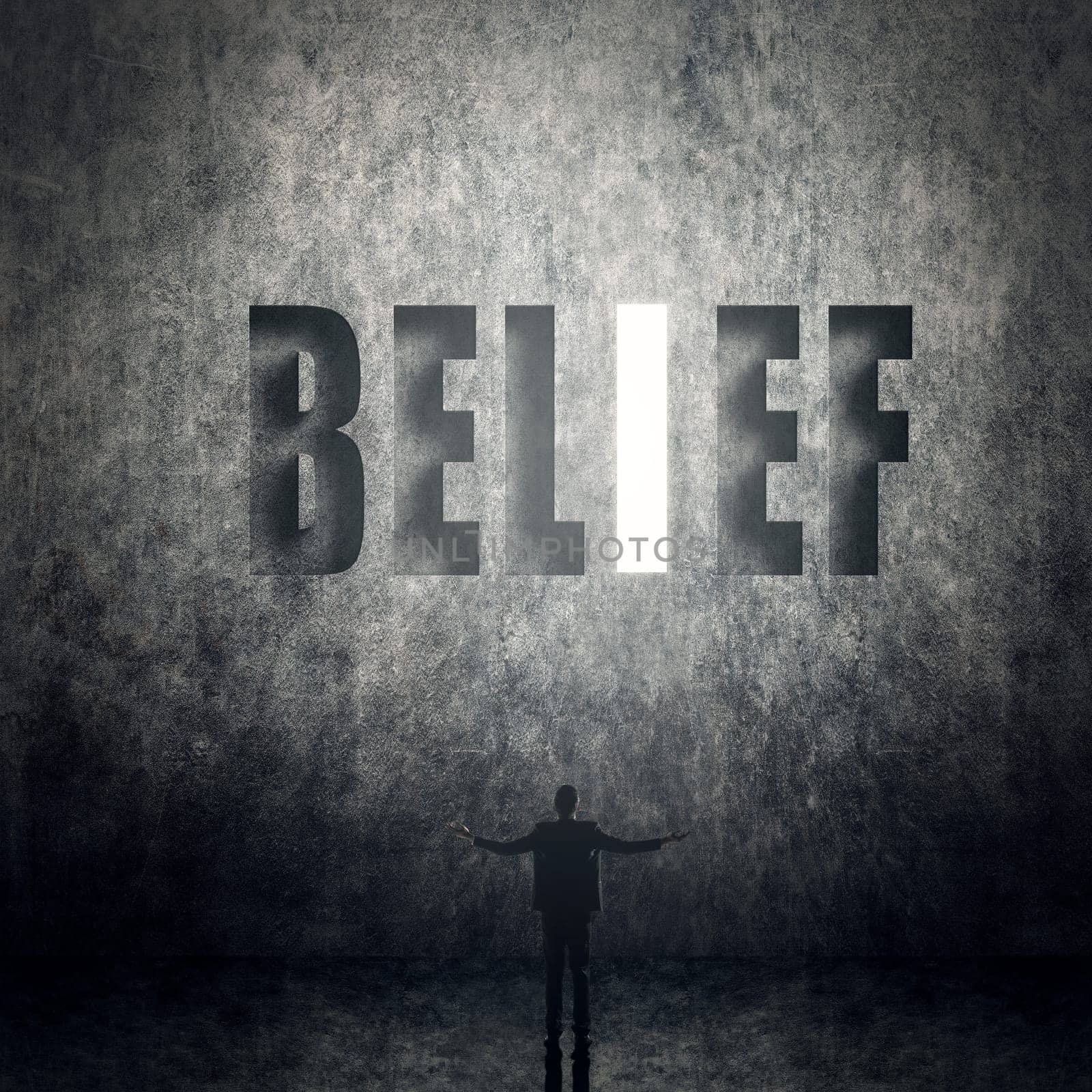 Concept of trust, belief, credit etc, man stand on wall with text.