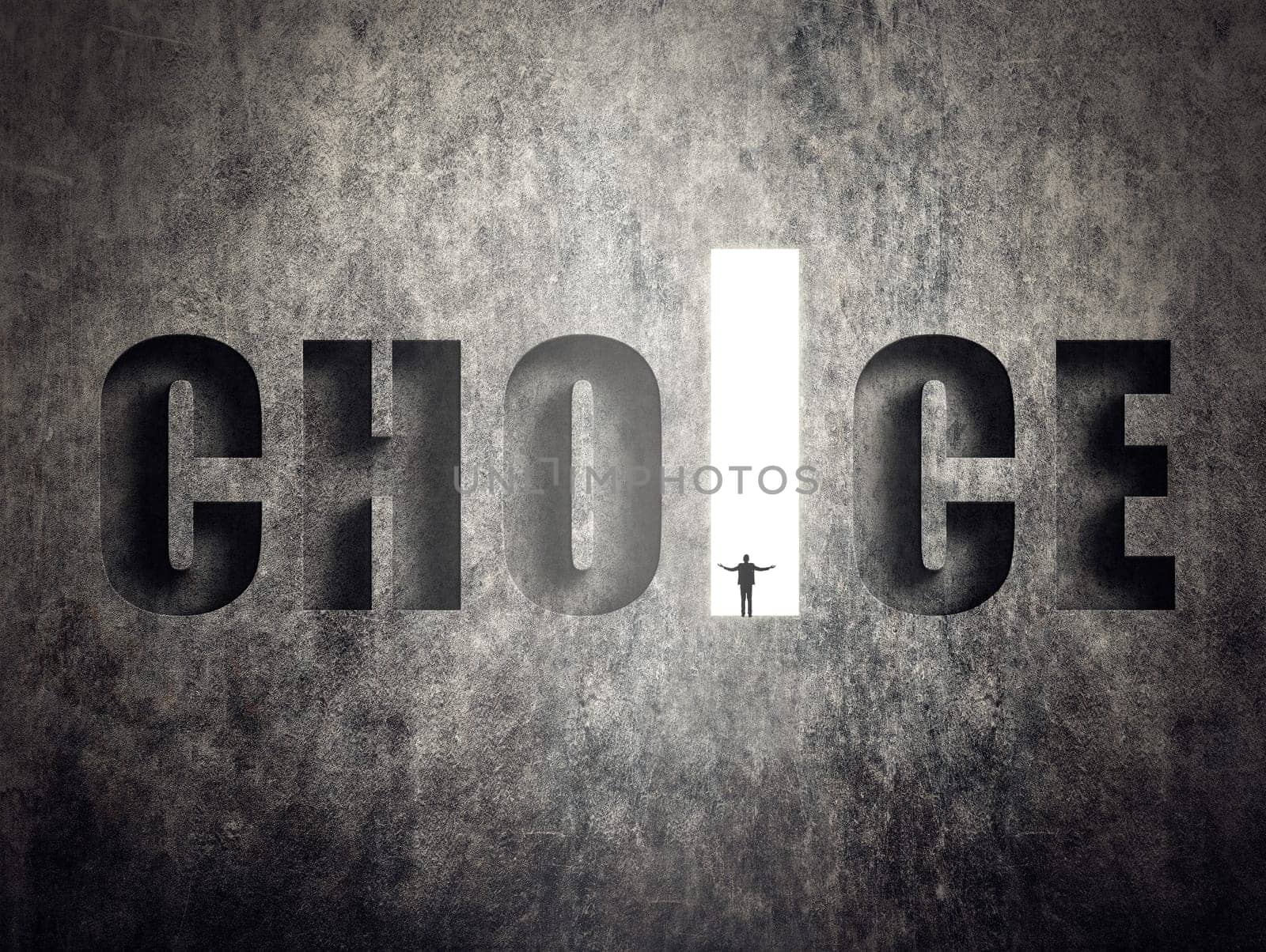 Concept of target, goal, will etc, man stand on wall with text.