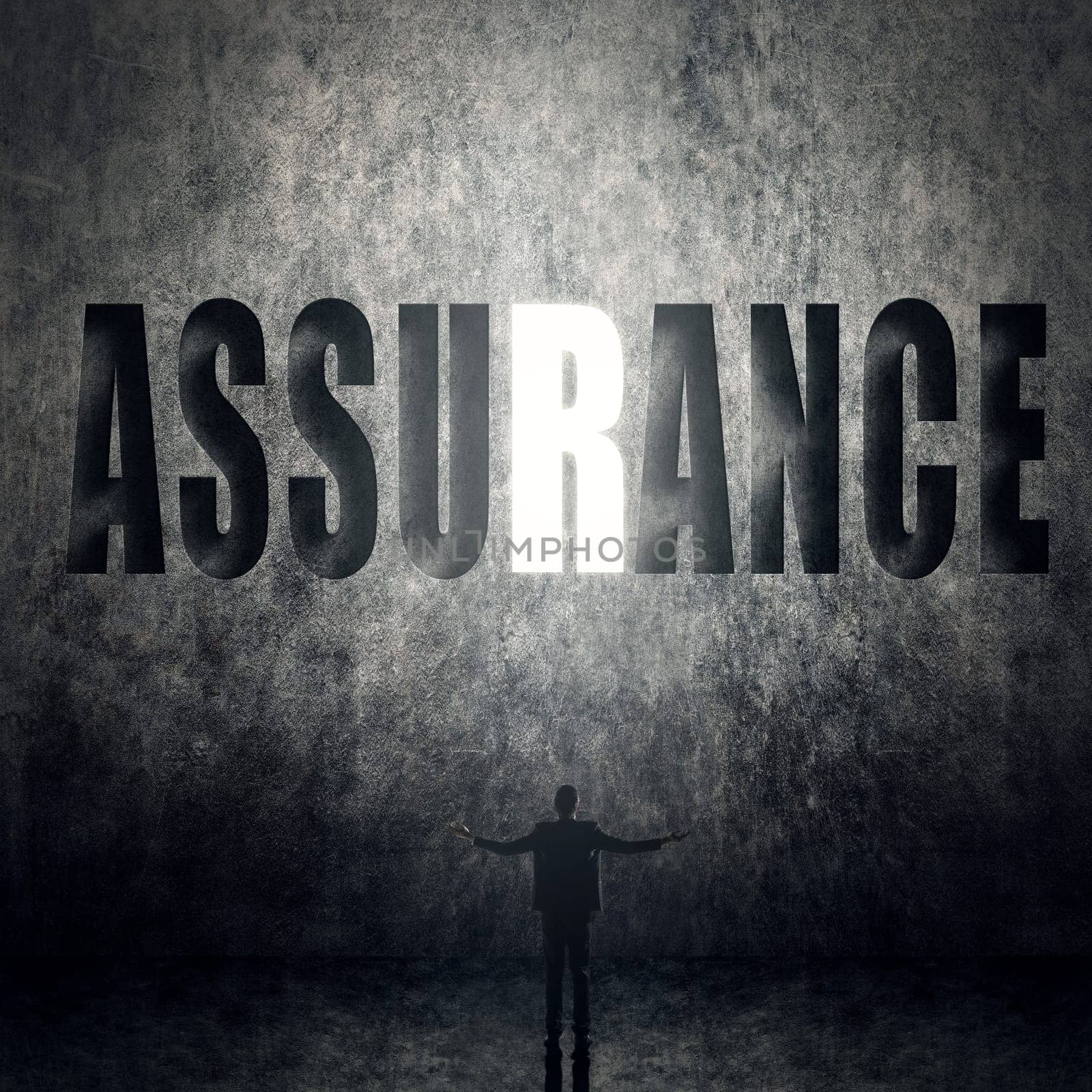 Concept of trust, belief, credit etc, man stand on wall with text.
