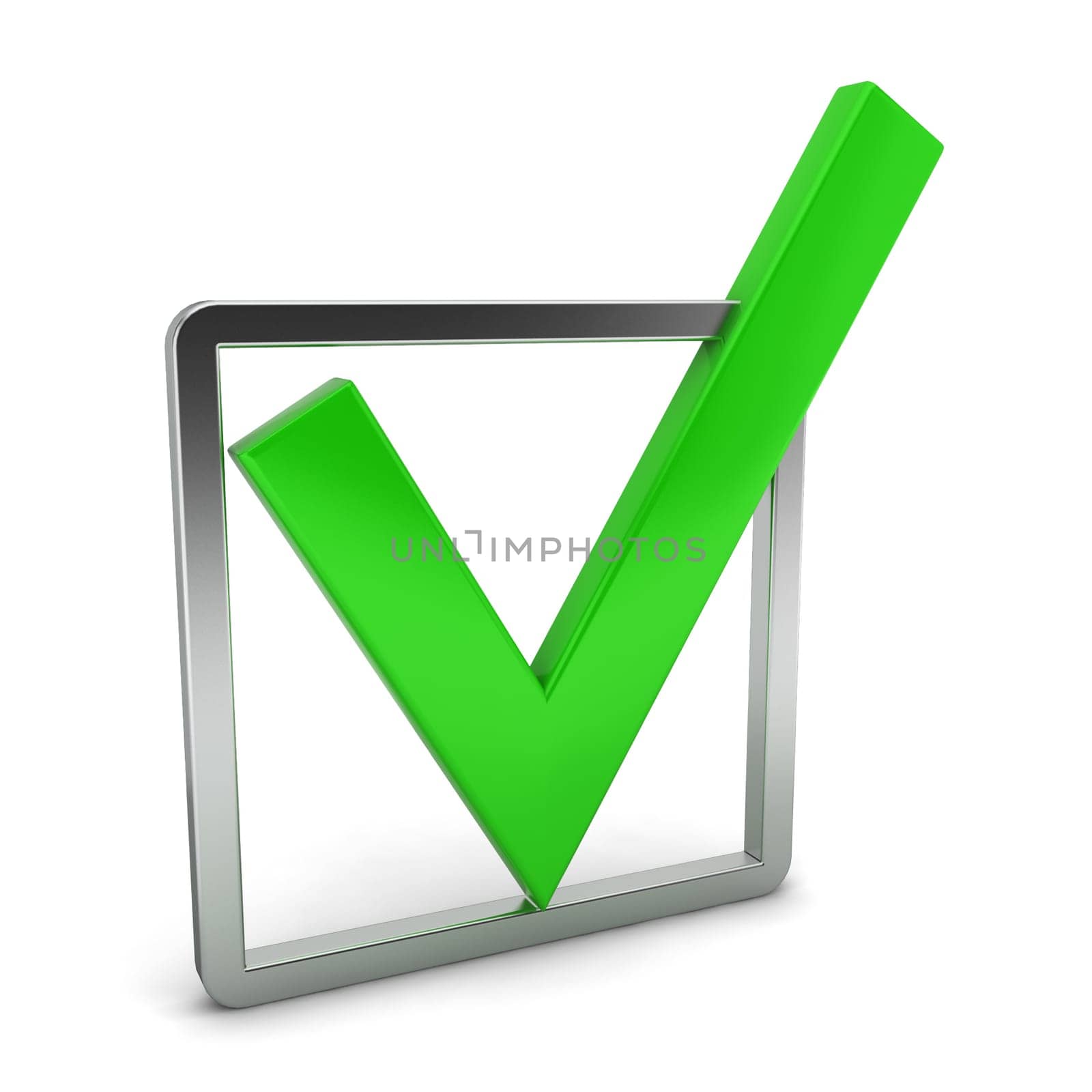 Green tick. 3d illustration on white background
