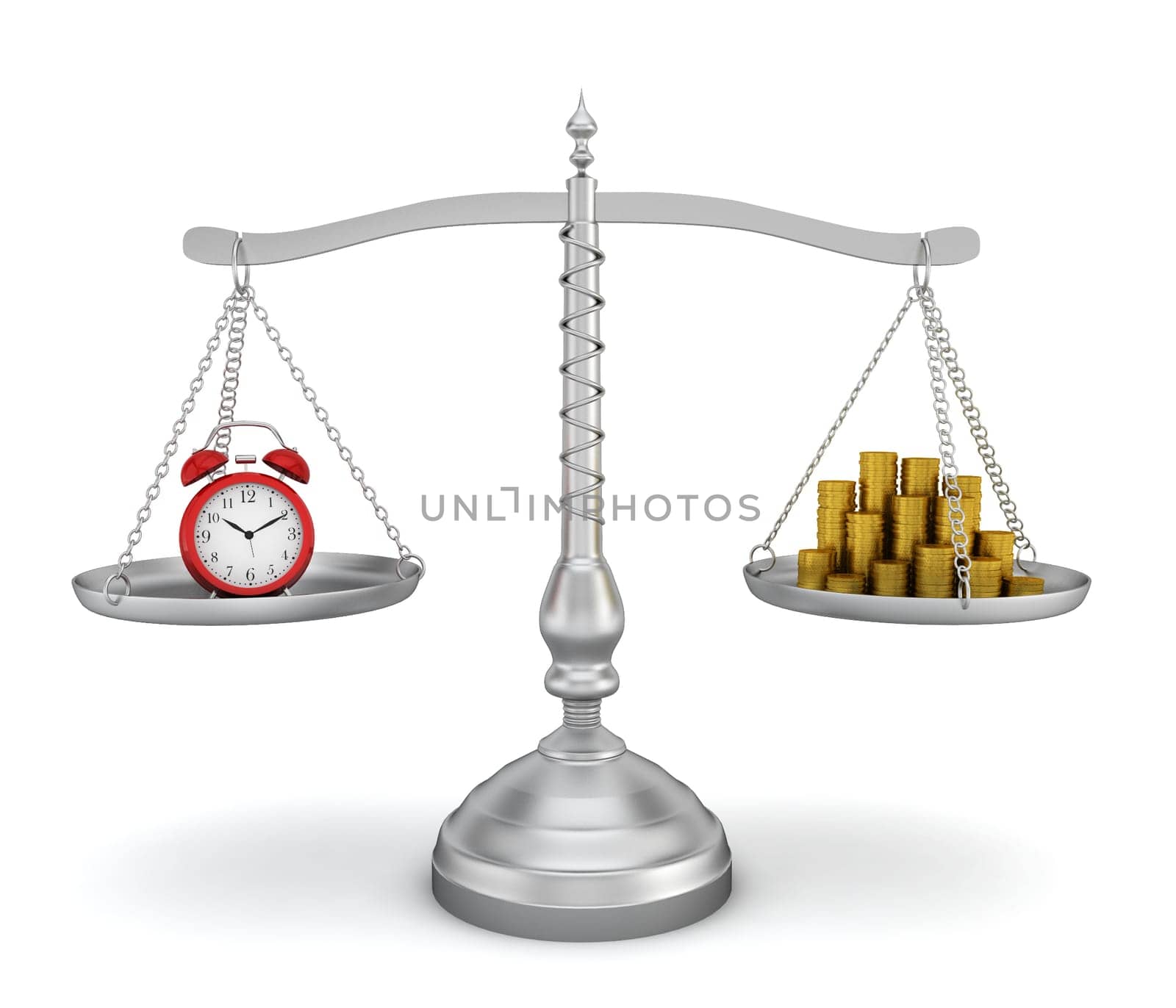 Alarm clock and coin stack on scales. 3d illustration on white background