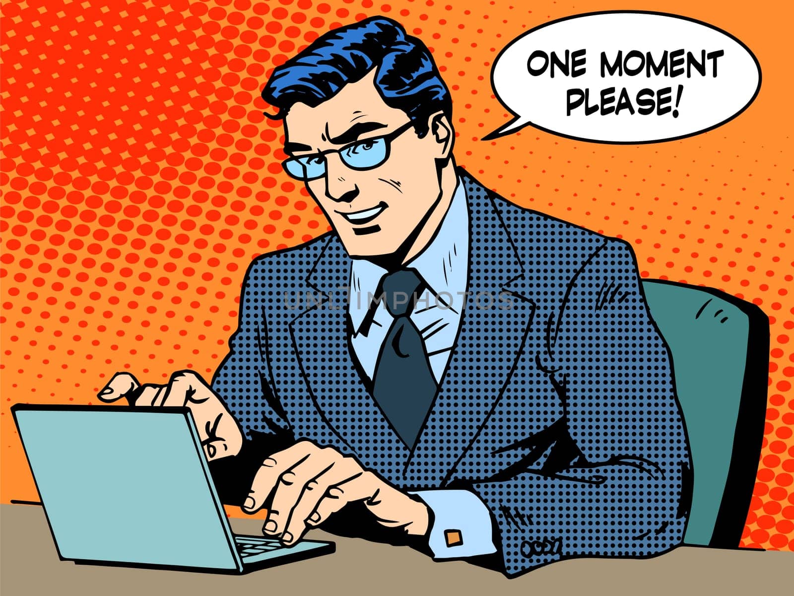 Service business concept. Businessman with computer. Says one moment please. Pop art retro style