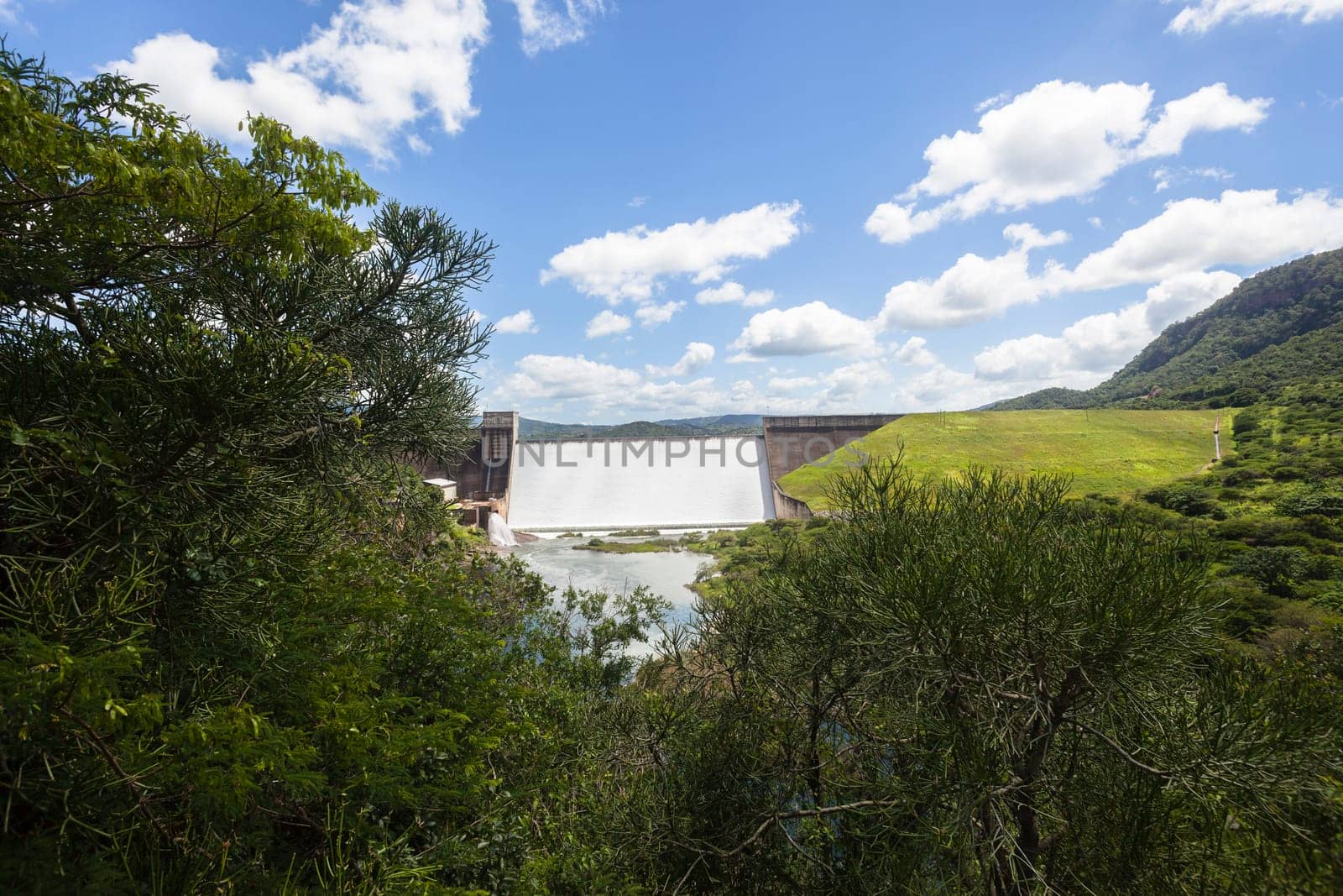 Dam wall full flowing river water over weir wall into summer valley.