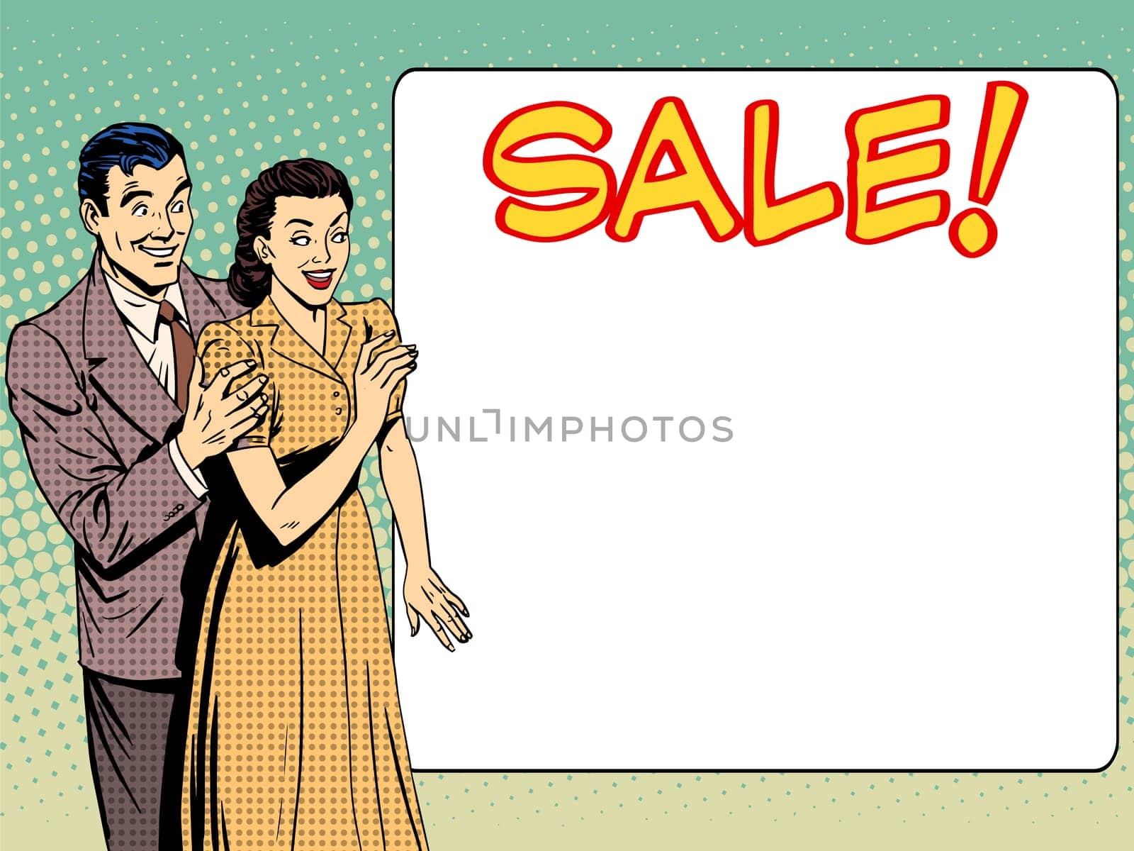 family husband wife announce sale. The man and the woman advertise discounts. Business concept goods services prices. Retro style pop art