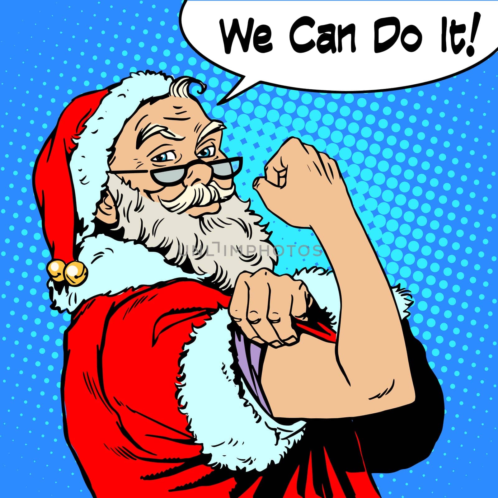 Santa Claus we can do it the power of protest Christmas New year. Fairy tale character in festive costume. Retro style pop art