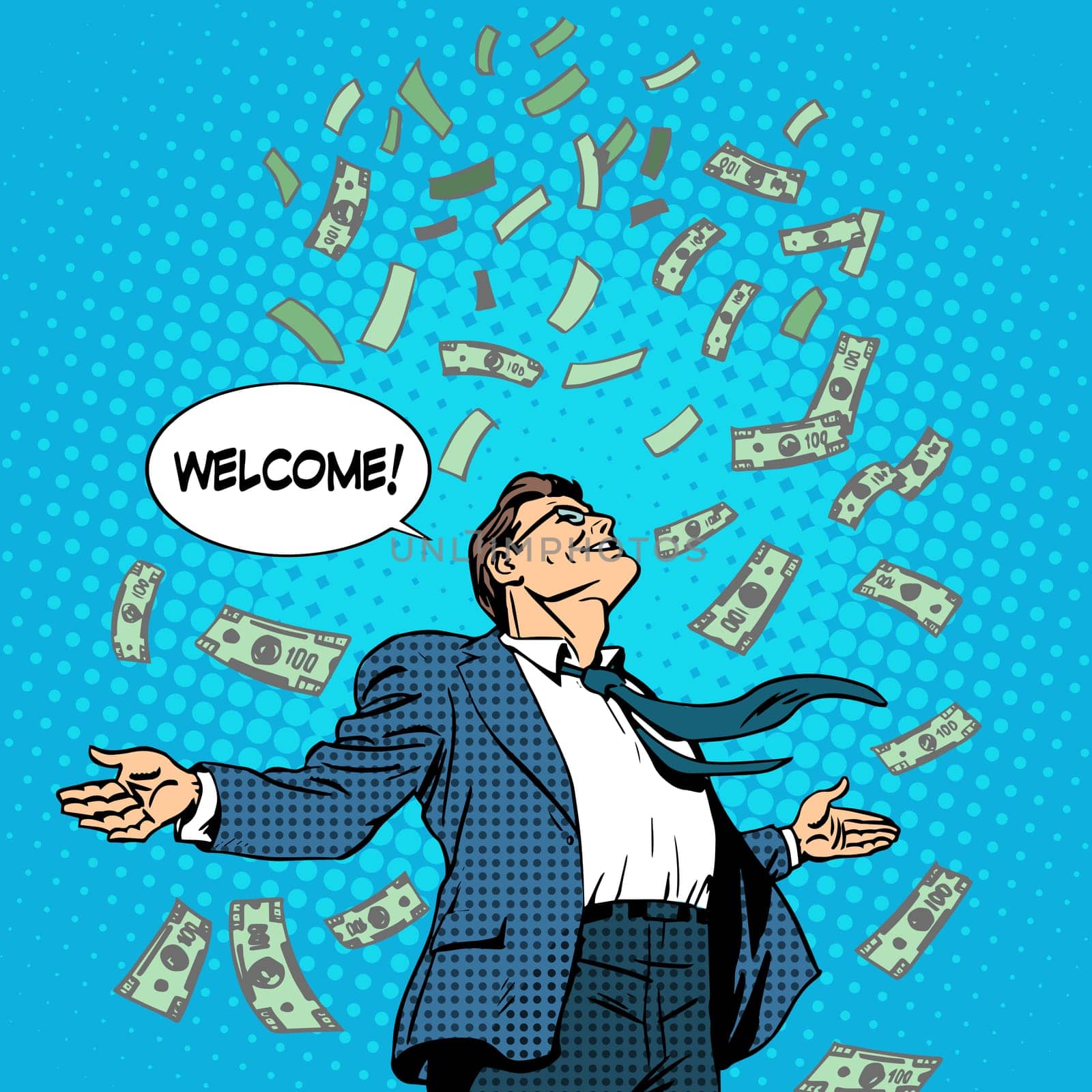 The business concept of successful businessman on money rolls in. Finance wealth profit. Retro style pop art
