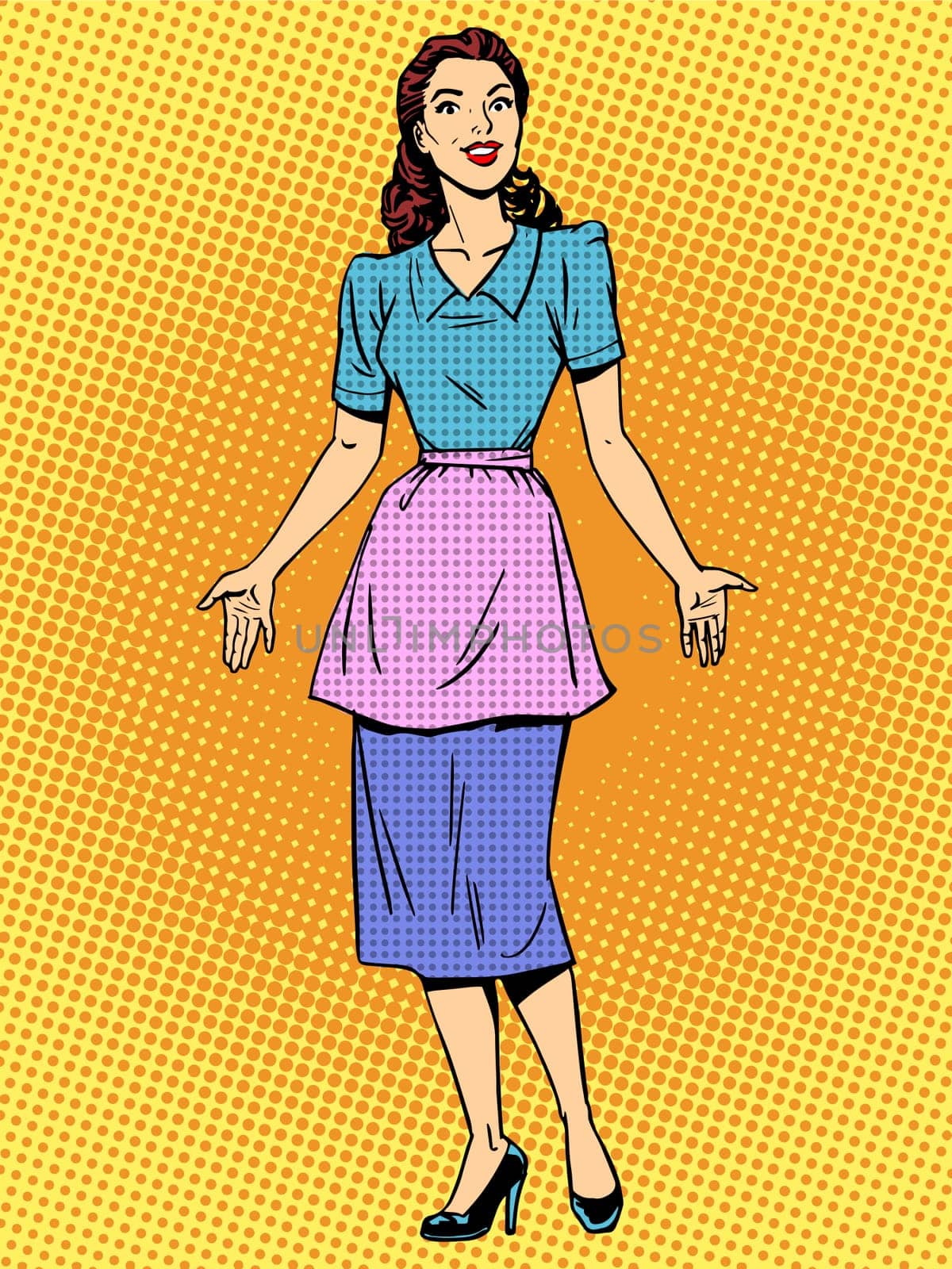 Friendly housewife beautiful woman retro style pop art. Young girl in casual clothes encounters. Wife or mother