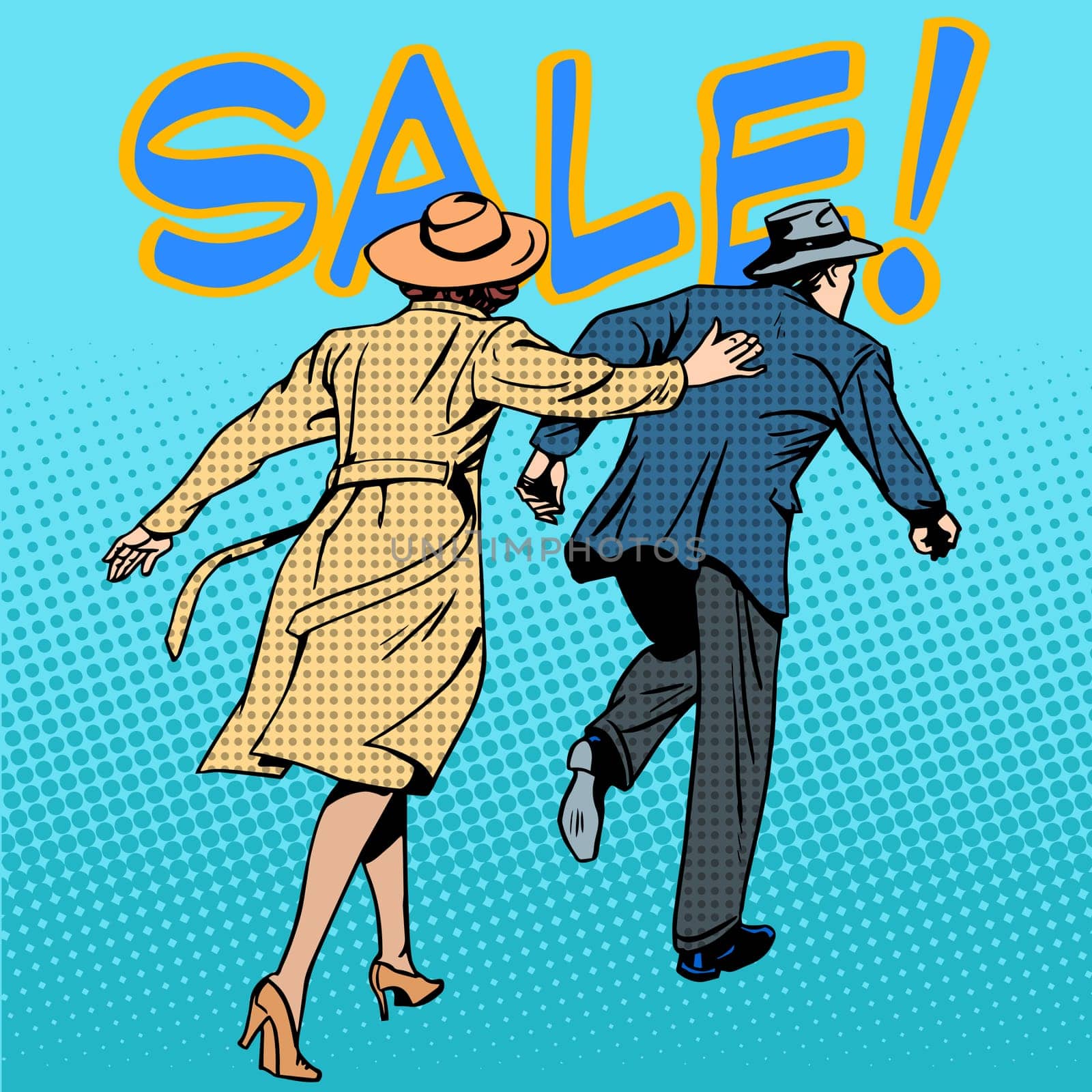 family running sale retro style pop art. The husband and wife are rushing to the store. Business concept discounts and buy