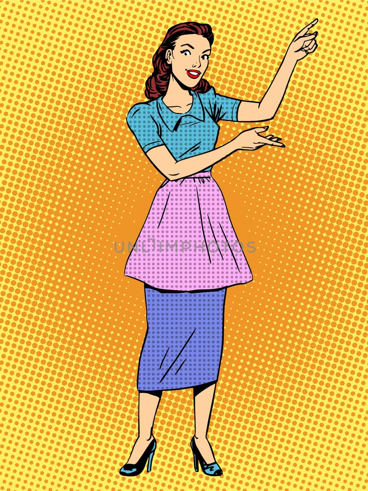 Housewife shows hands retro style pop art. The woman of the house household