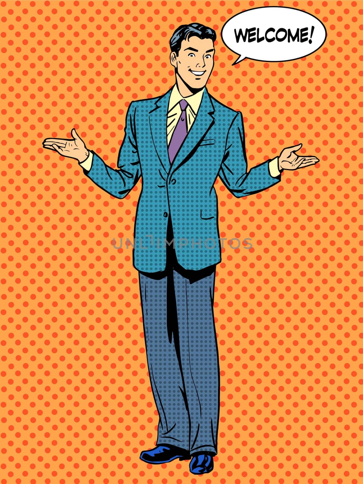 Man businessman welcome business concept. Pop art retro style