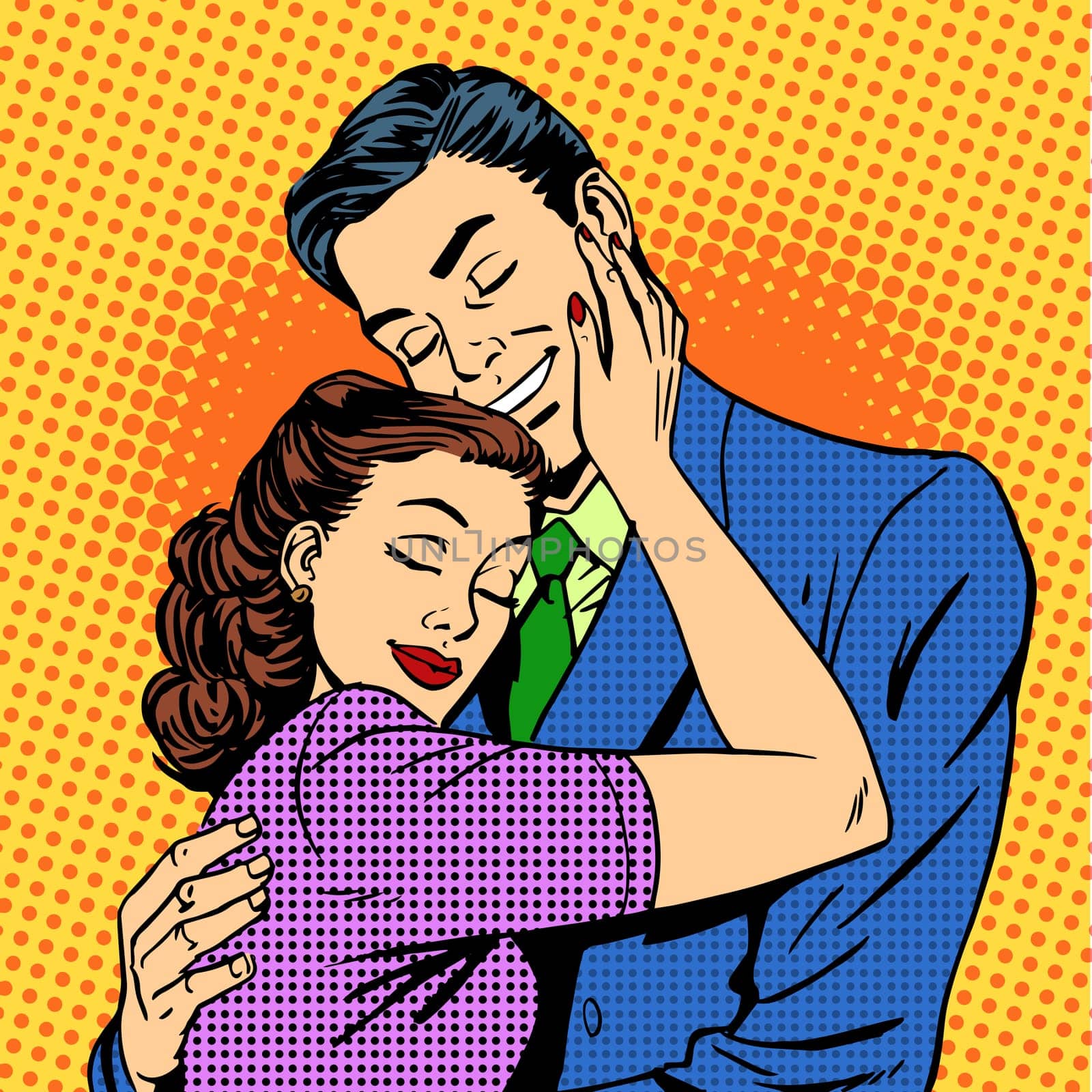Couple in love hugging husband wife retro pop art love romance