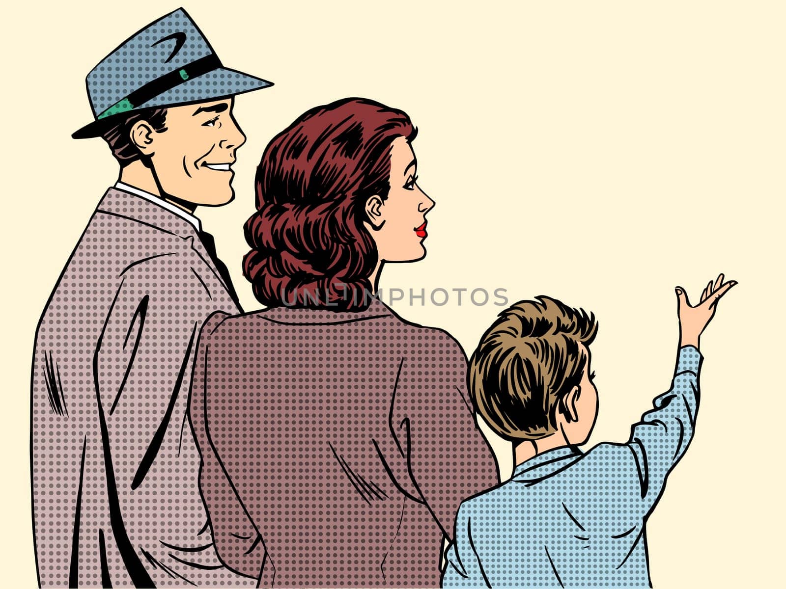 Family mom dad and son retro style pop art. People stand back and in profile dreamy boy raised his hand up. The concept of family, love and care