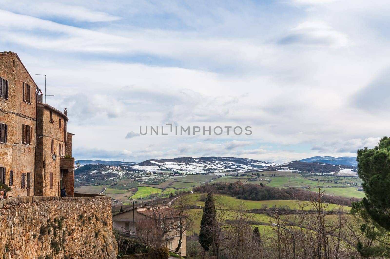 tuscany landscape in little town during winter