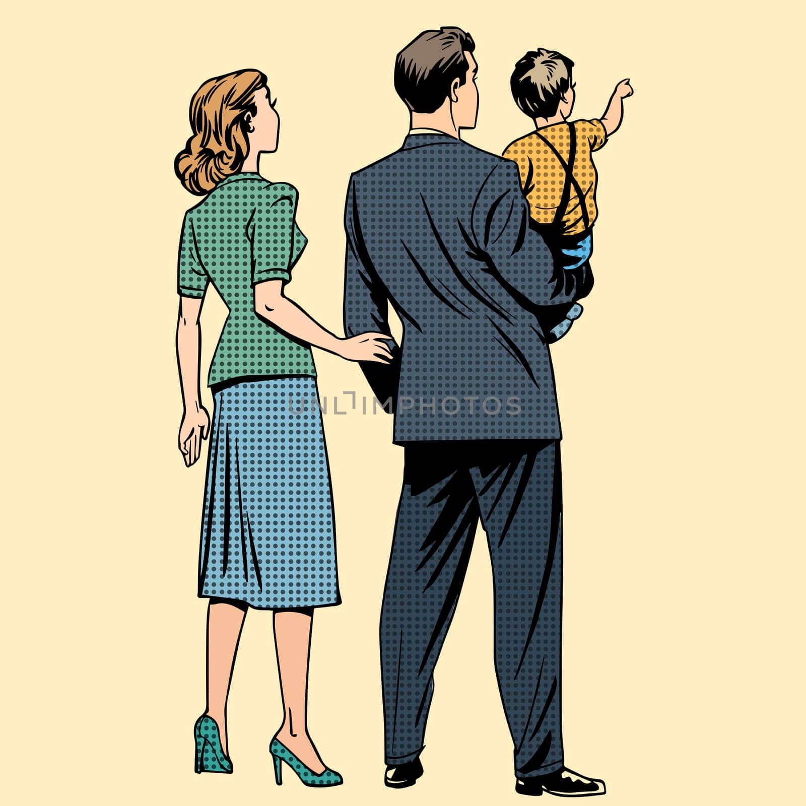 Family dad mom son baby boy back. Man and woman in retro pop art style