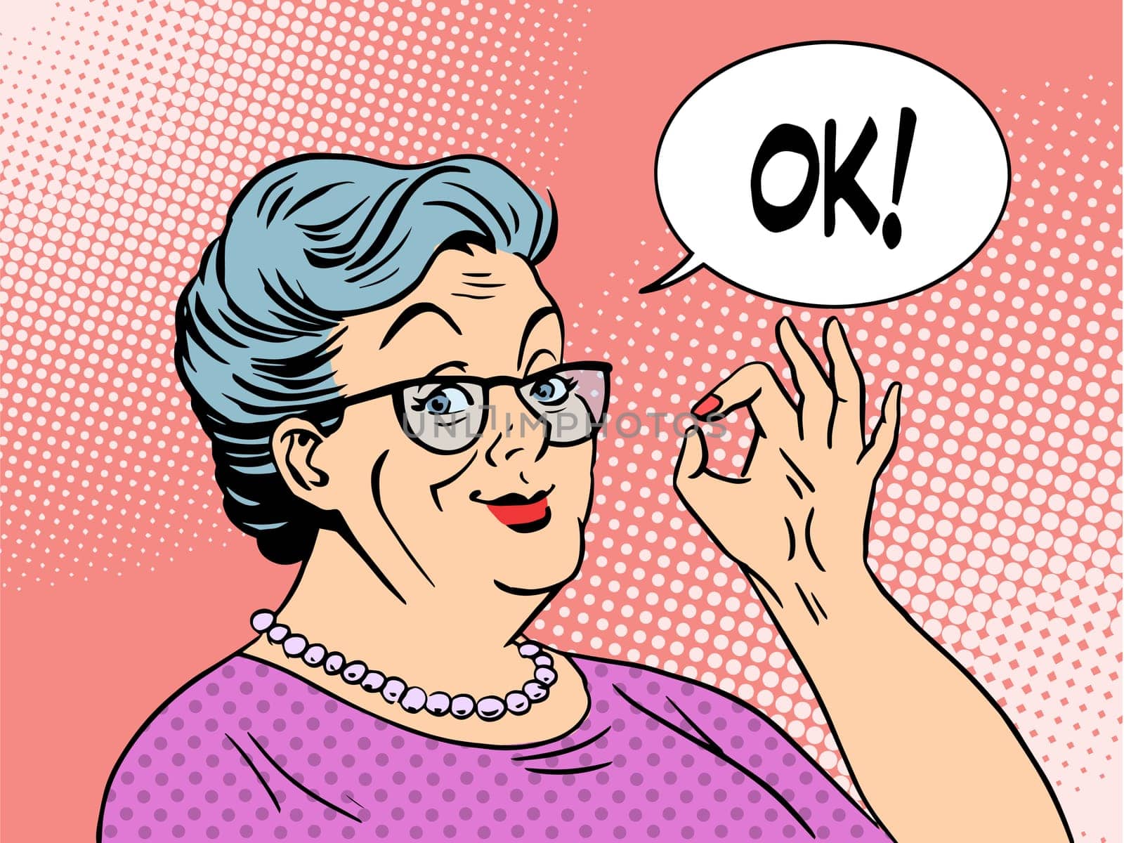 Old woman Granny gesture okay pop art style. National Grandparents Day