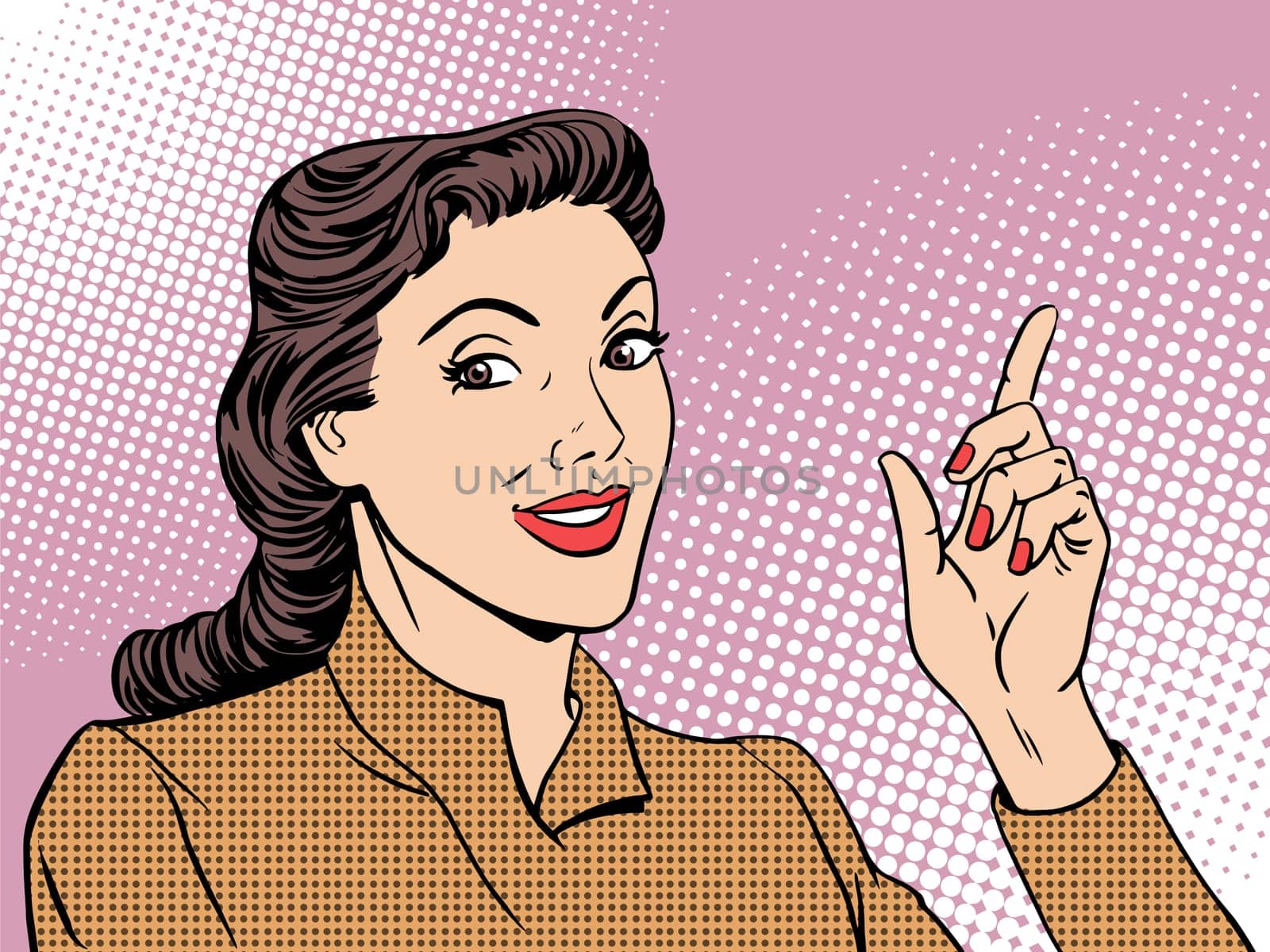 Business coach woman retro pop art style. Businesswoman gesture mentor teacher