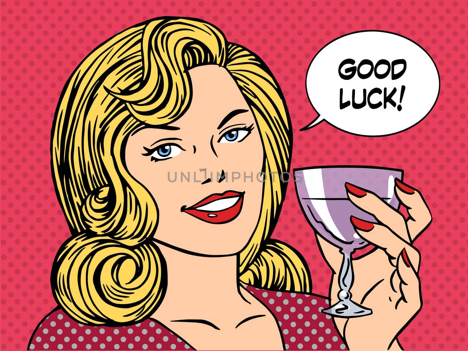 Beautiful woman toast glass wine good luck retro style pop art. Party romantic evening dinner date