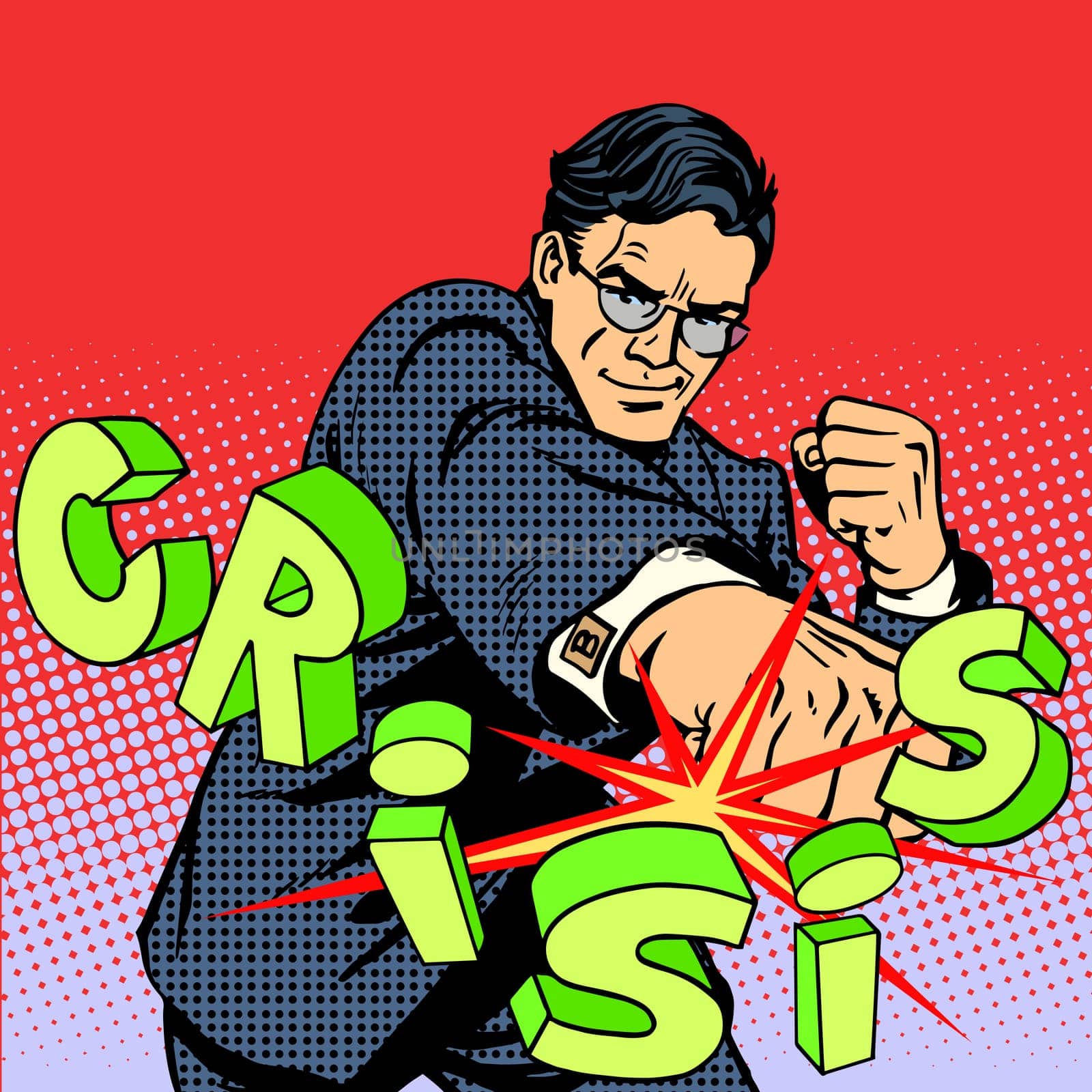 Super businessman hero against the crisis business concept. Retro style pop art. Business people are the decisive force leadership