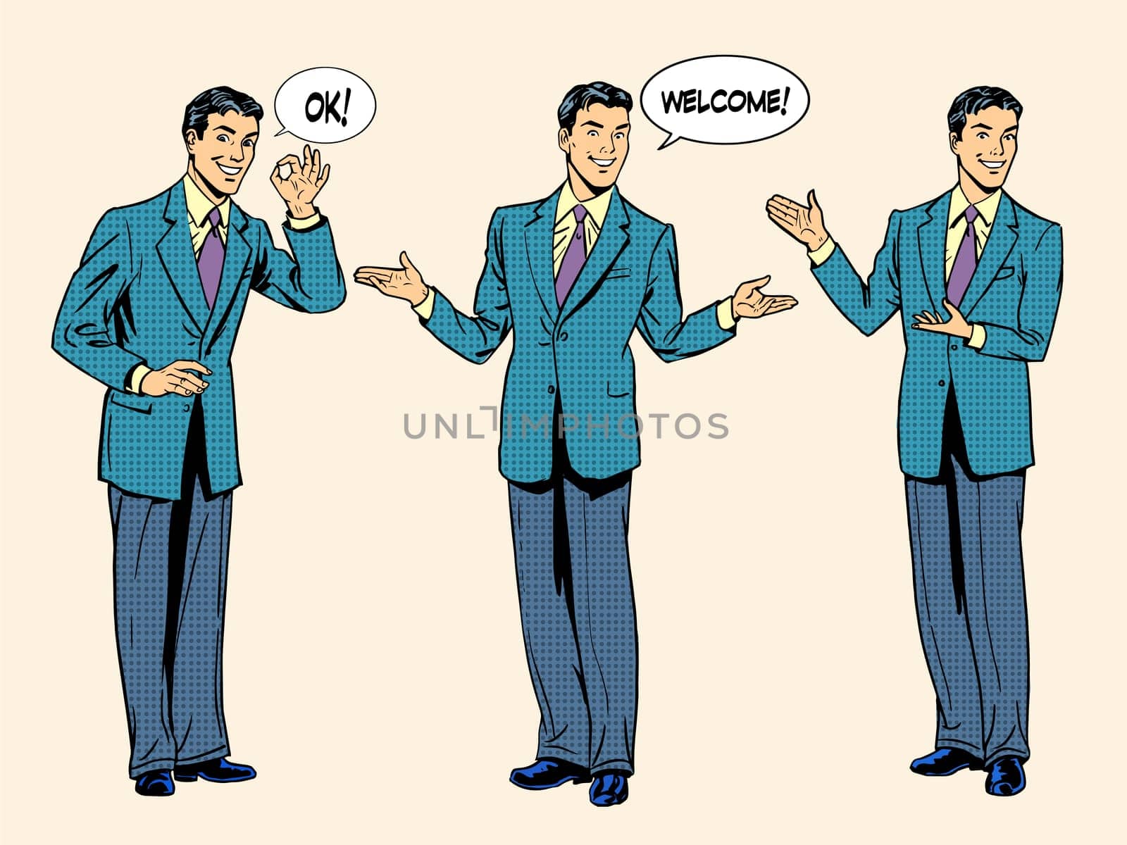 Set businessman presentation show welcome. The three figures of men in full growth. Retro style pop art. The success and goodwill of the business people