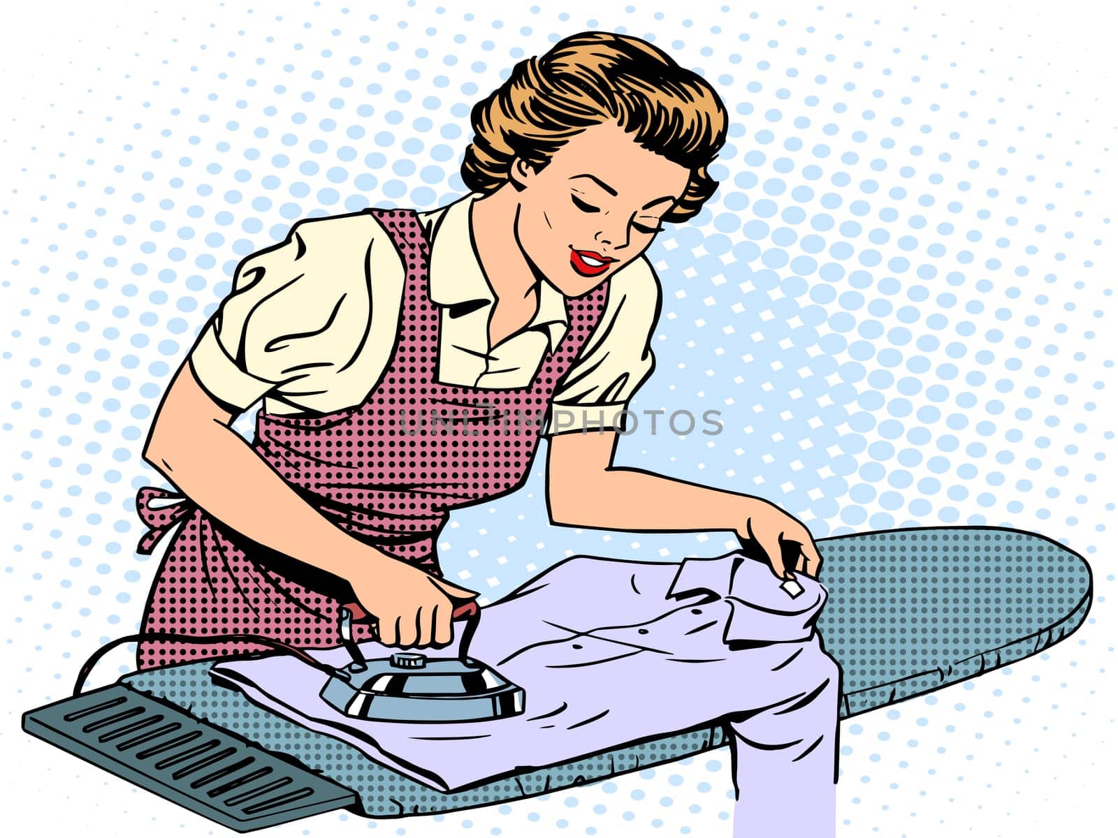 Woman housewife wife stroking his shirt iron homework. Home electrical appliances. Retro style pop art. Comfort care family love