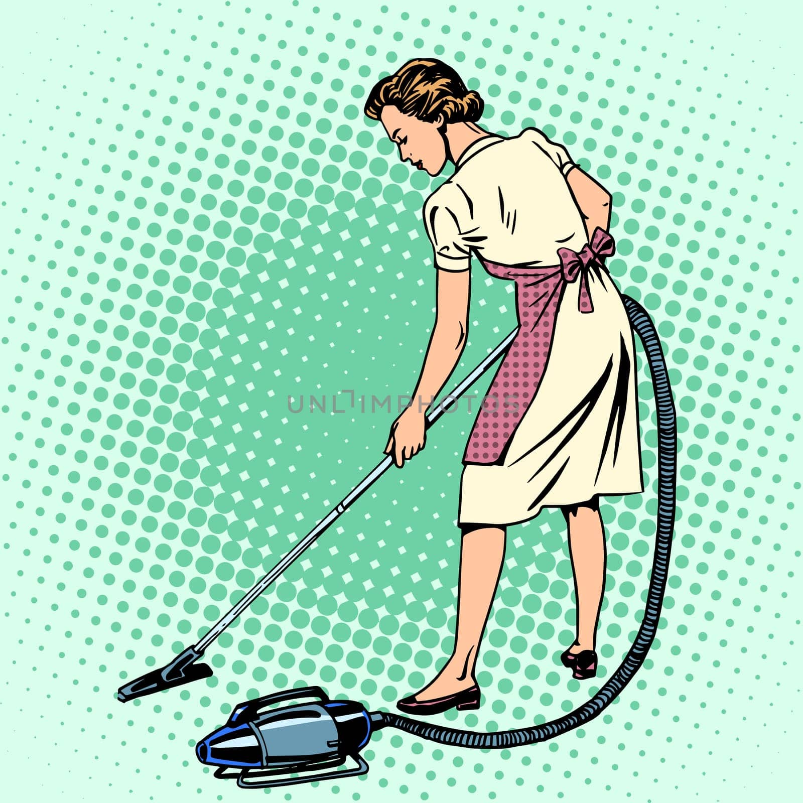 Woman vacuuming the room housewife housework comfort retro style pop art. Also the theme of the hotels and hospitality service