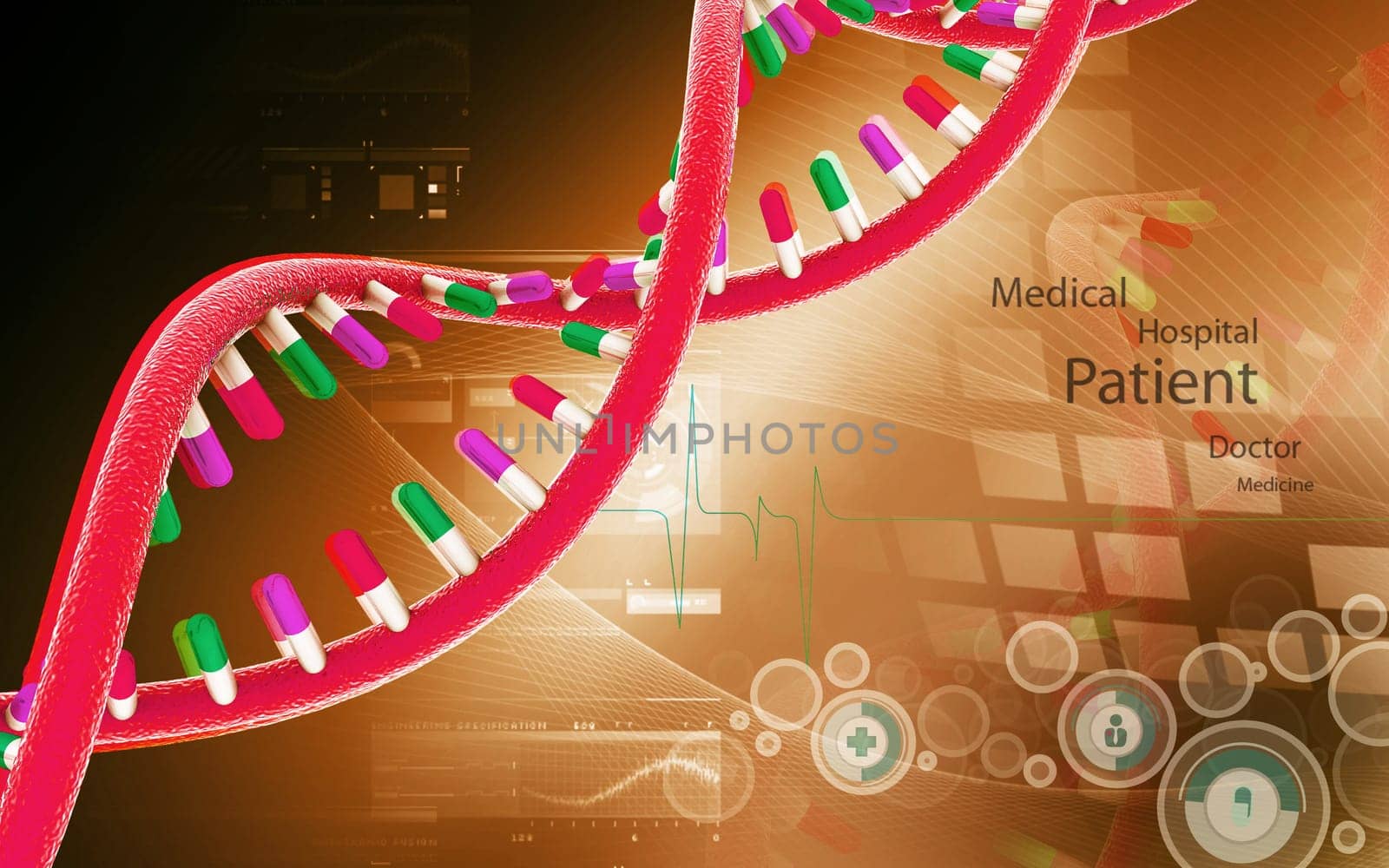 Digital illustration DNA structure in colour background