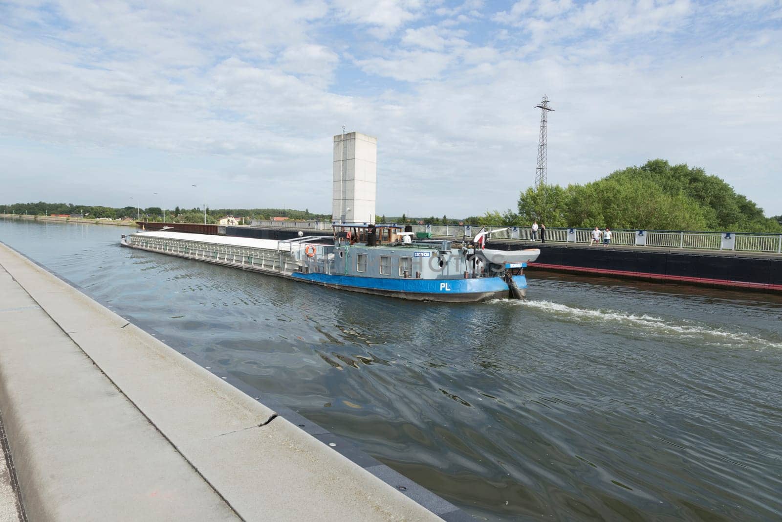 Polish freighter on the bridge of the Elbe-Havel Canal near Magdeburg