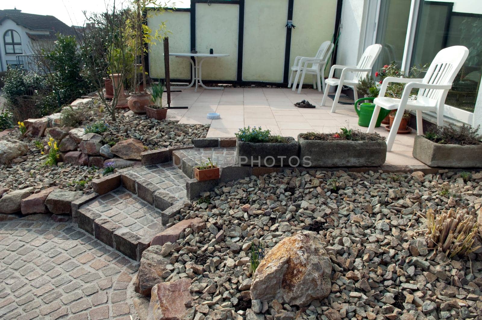 Steingarten  frisch, bepflanzt, Pflanzen, junge