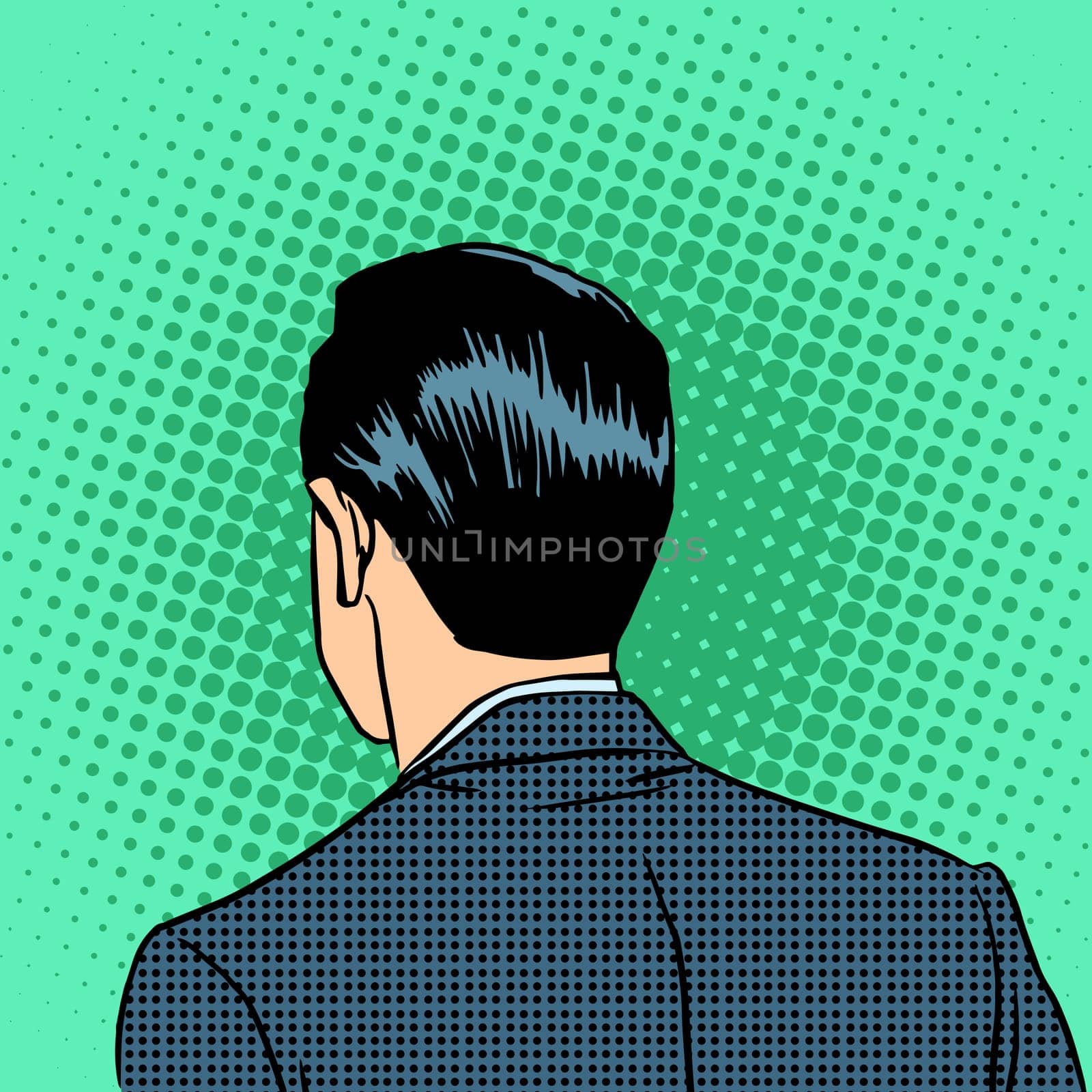 The back of the head of a businessman. Retro style pop art