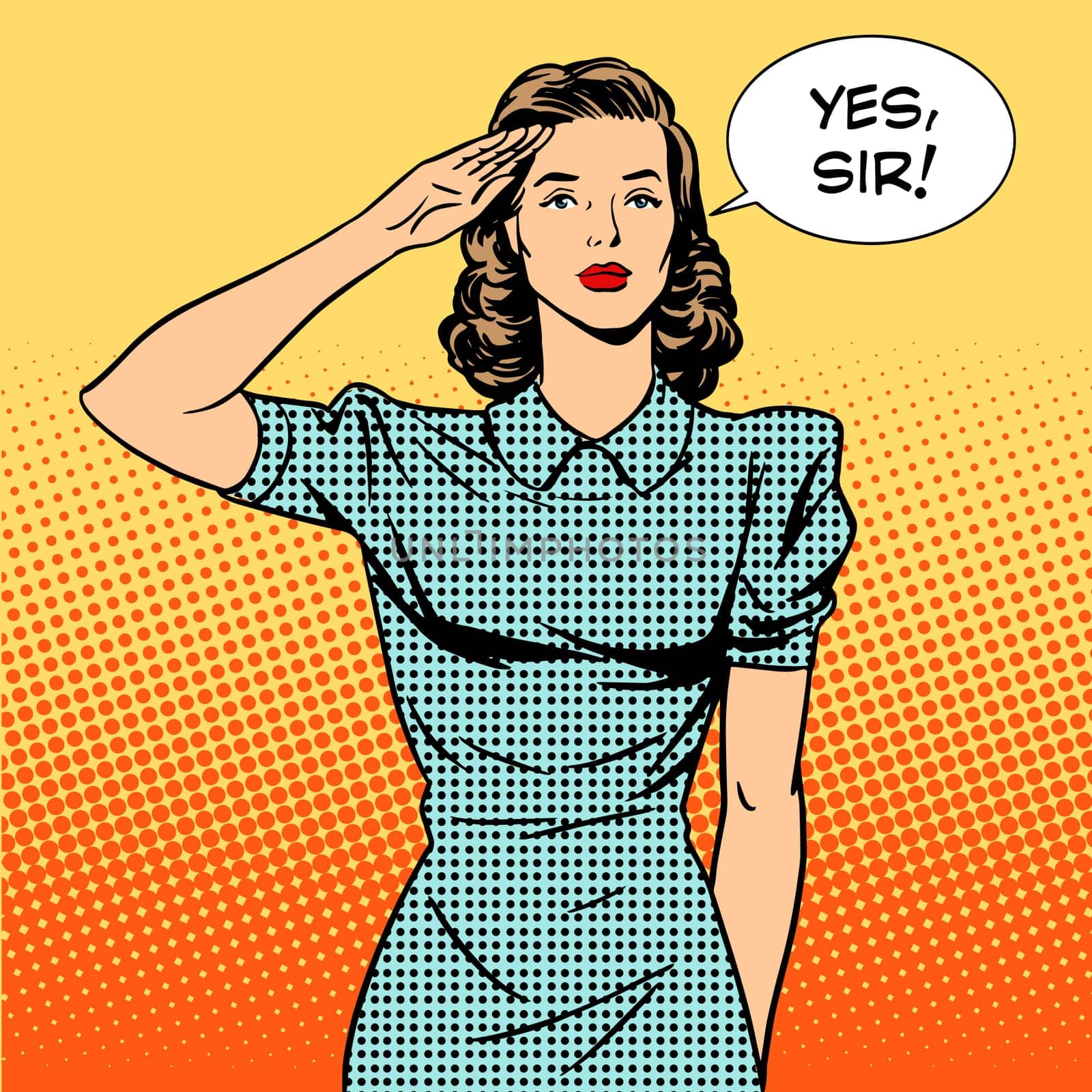 Woman soldier housewife concept of feminism and services. The woman salutes and says Yes sir. Retro style pop art. Relationships in the family and at work