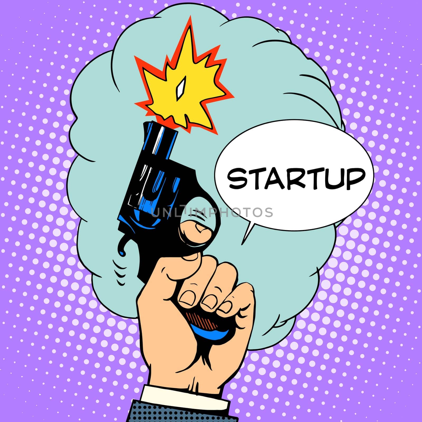 business concept startup starting pistol retro style pop art