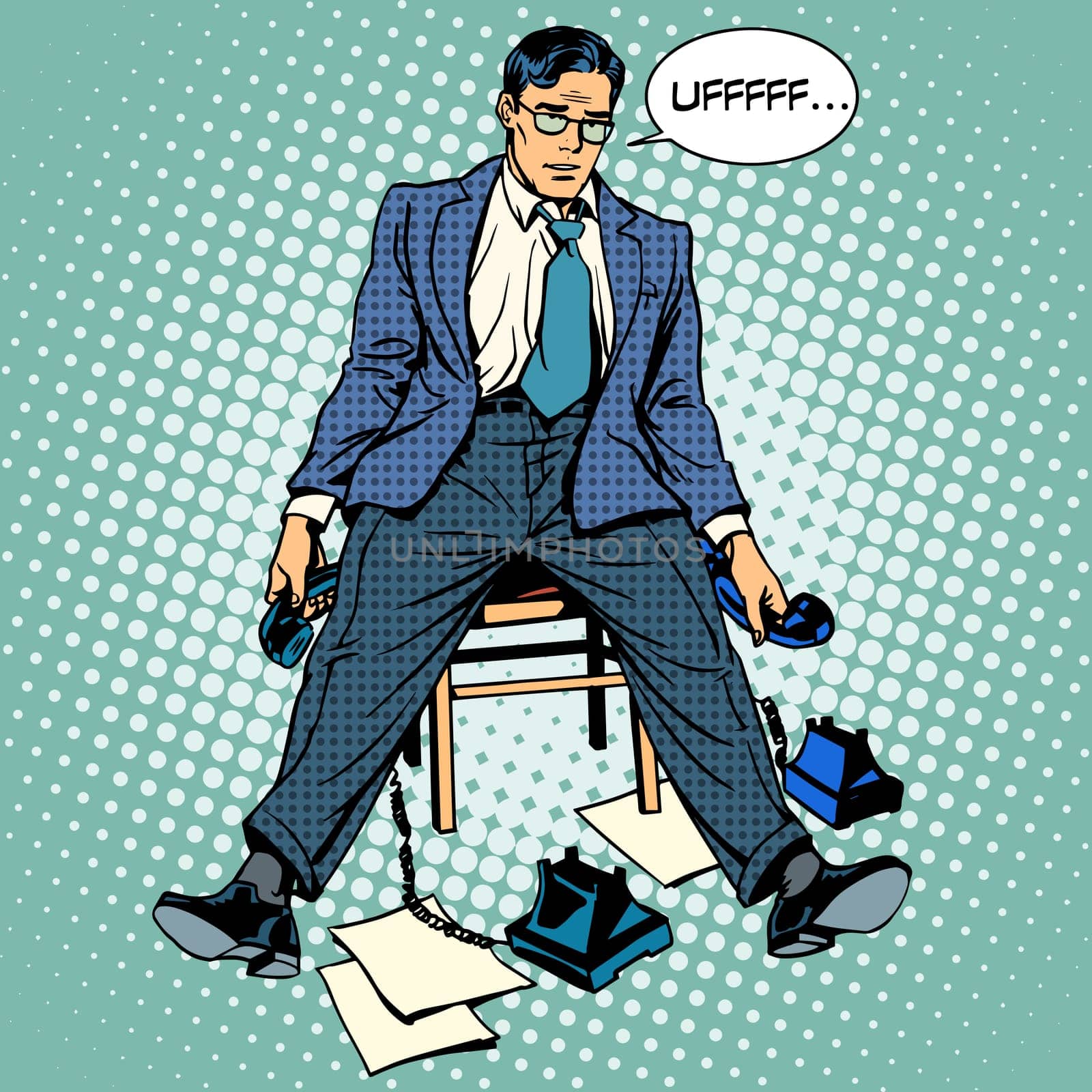 Tired businessman working stress. Phone conversation business people retro style pop art