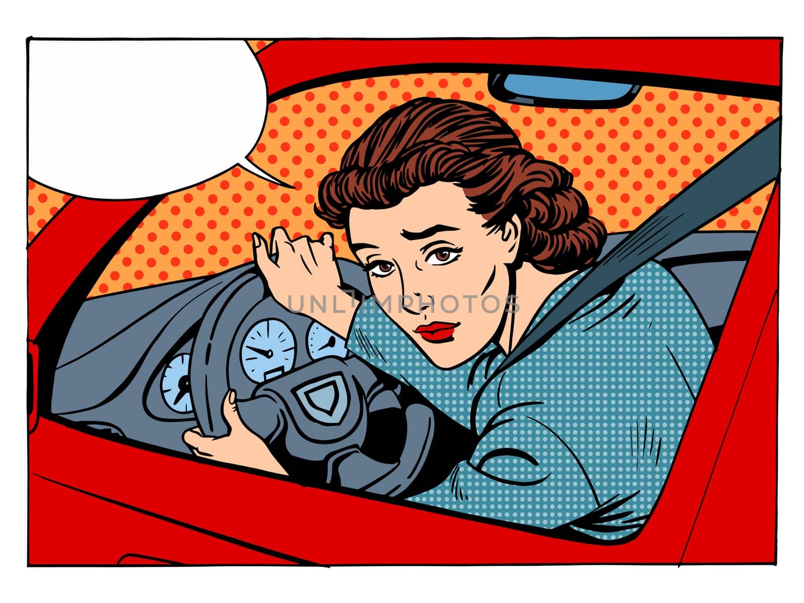 female driver offending transport traffic rules retro style pop art
