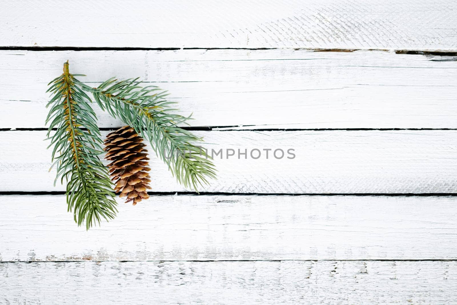 Firtree cone and conifer over wooden background